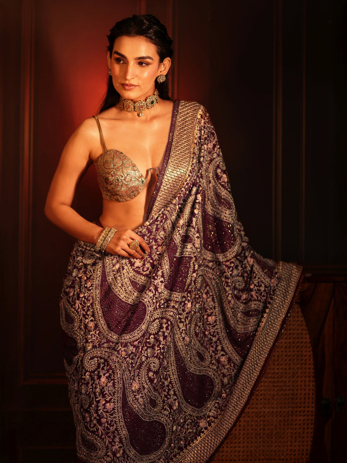 Anouk Art Dusty Maroon Paisley Embroidered Georgette Saree