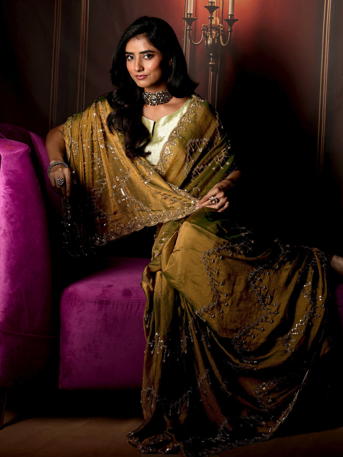 Anouk Art Dusty Olive Green Embellished Tissue Saree