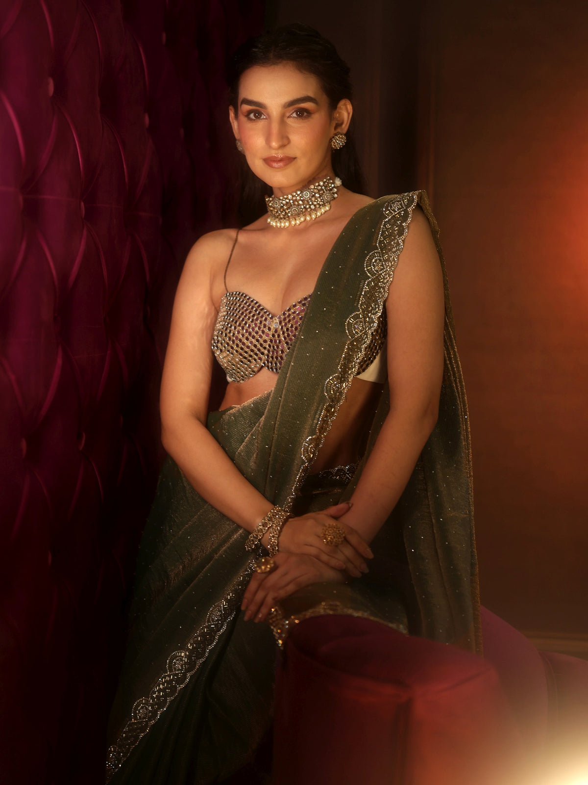 Anouk Art Dusty Olive Green Embellished Tissue Saree