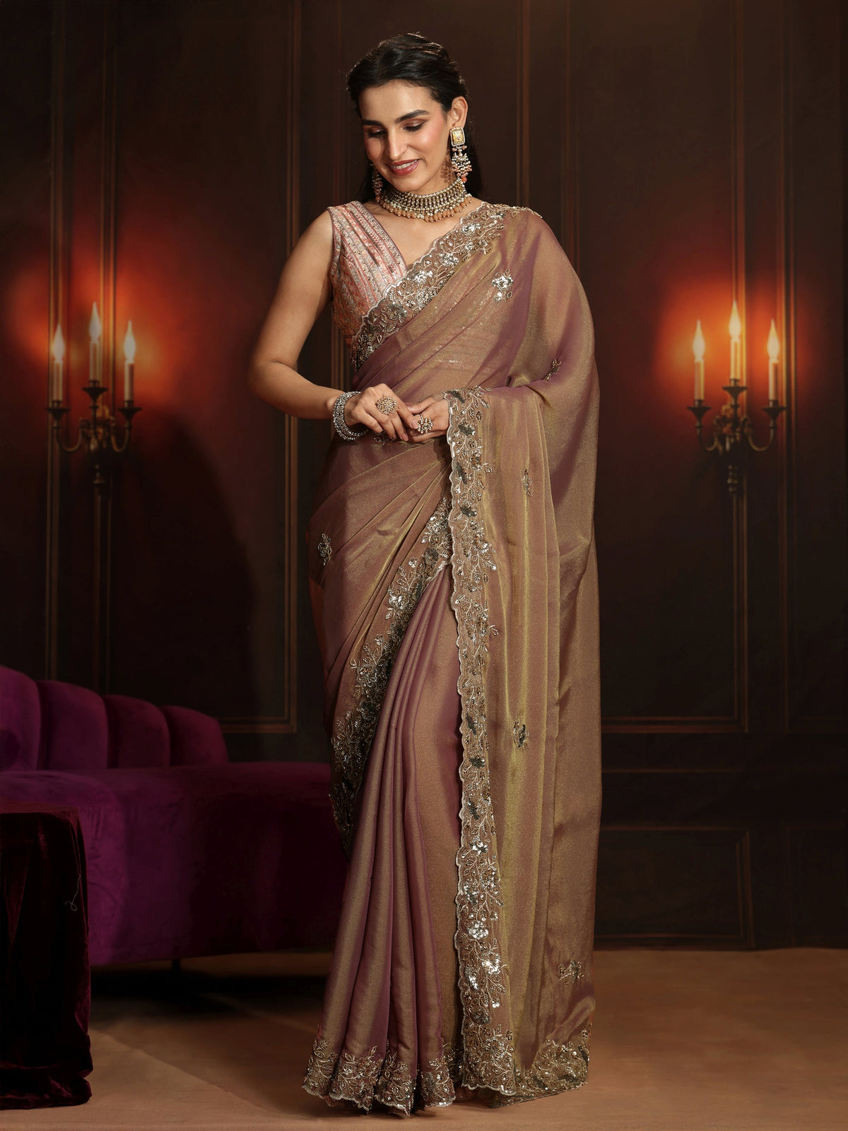 Anouk Art Dusty Peach Pink Embellished Organza Saree
