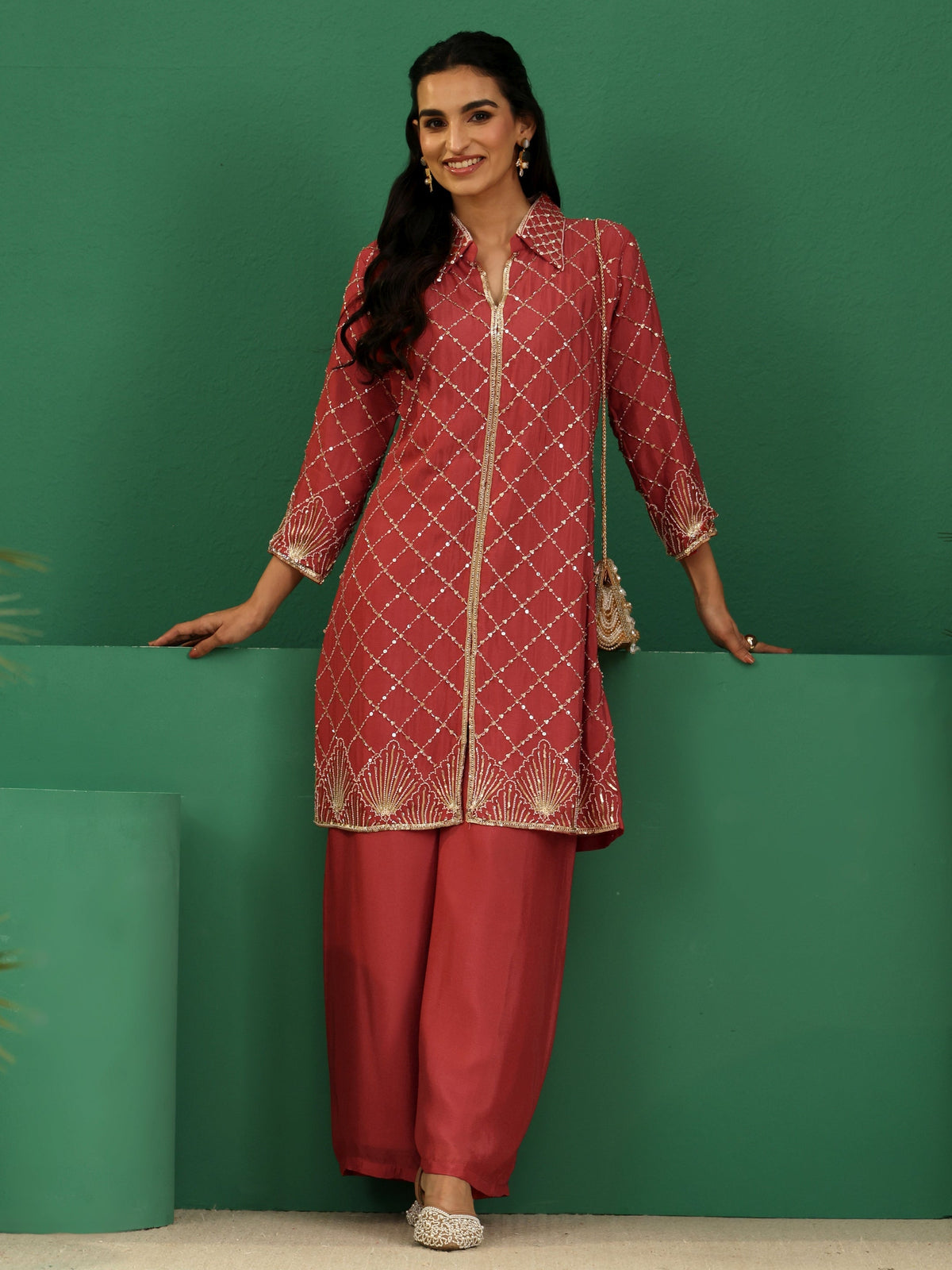 Anouk Art Dusty Rose Pink Embellished Chinon Co-Ord Set