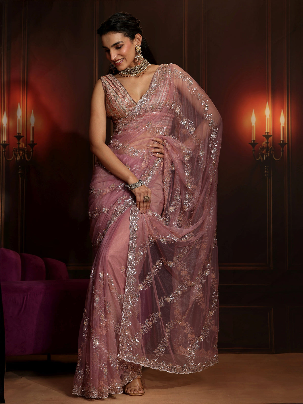 Anouk Art Dusty Rose Pink Embellished Net Saree