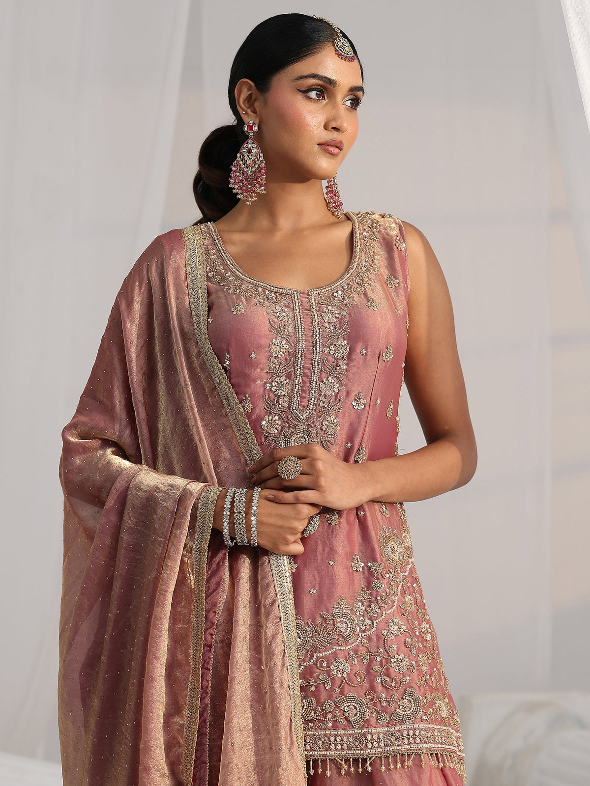 Anouk Art Dusty Rose Pink Embellished Sleeveless Silk Blend Palazzo Suit Set