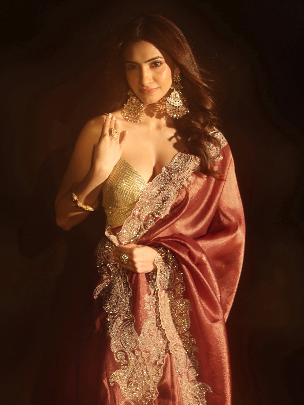 Anouk Art Dusty Rose Pink Net Saree with Paisley Border