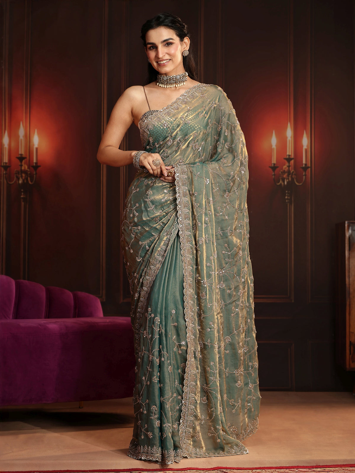 Anouk Art Dusty Sea Green Floral Embellished Tissue Saree