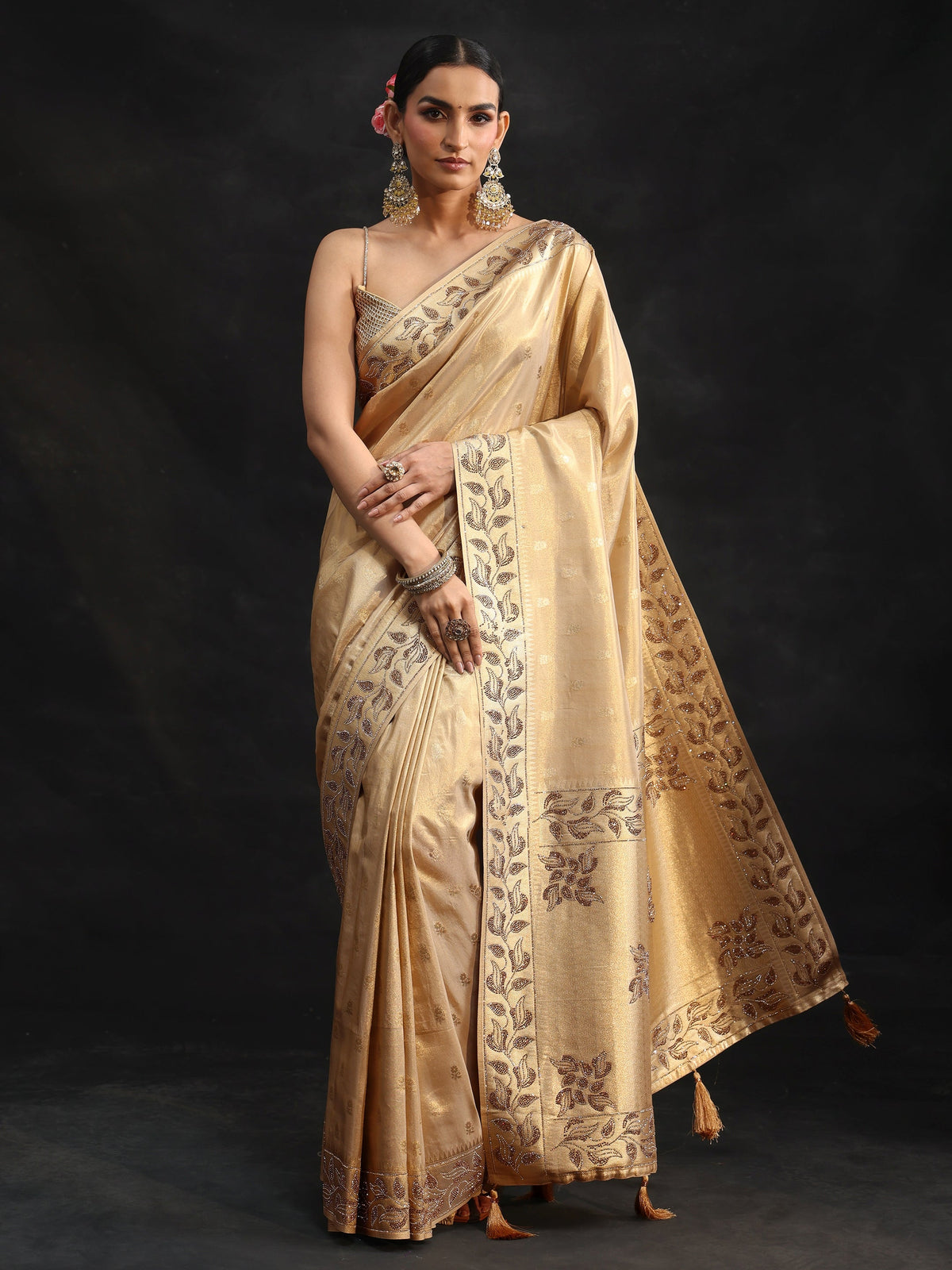 Anouk Art Gold Silk Blend Saree with Stone Embellished Border