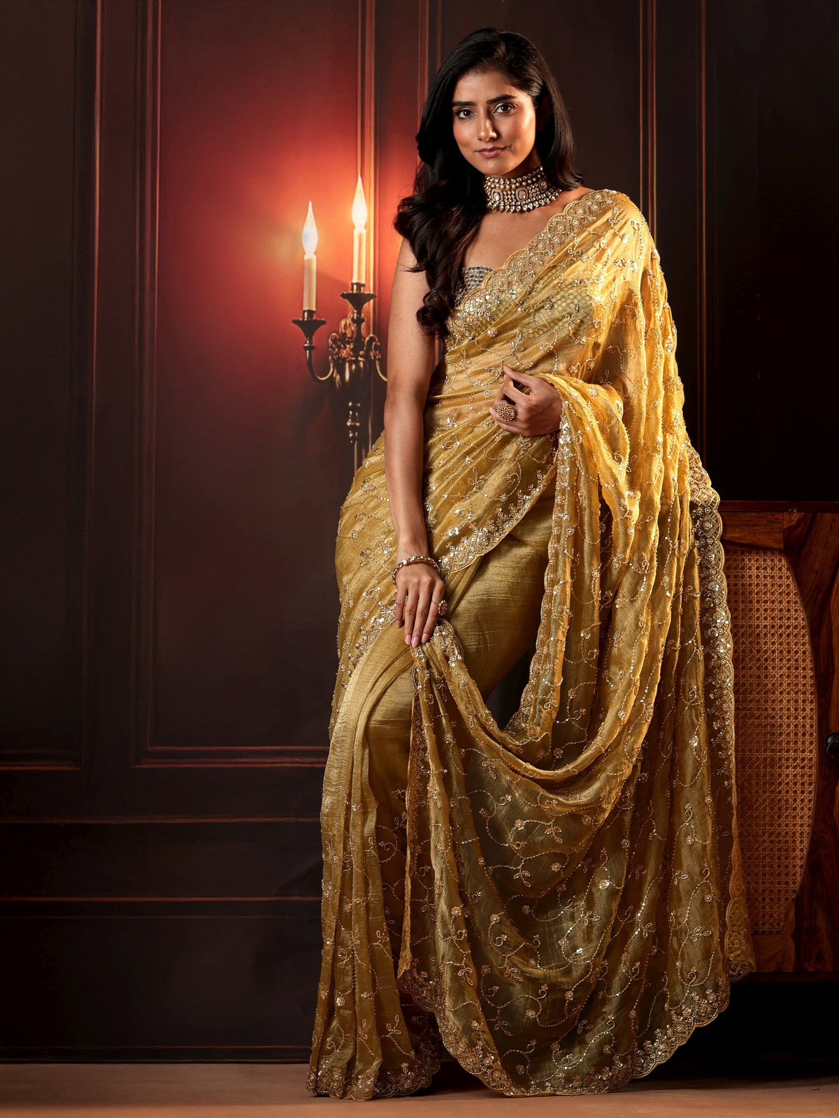 Anouk Art Golden Embellished Organza Saree