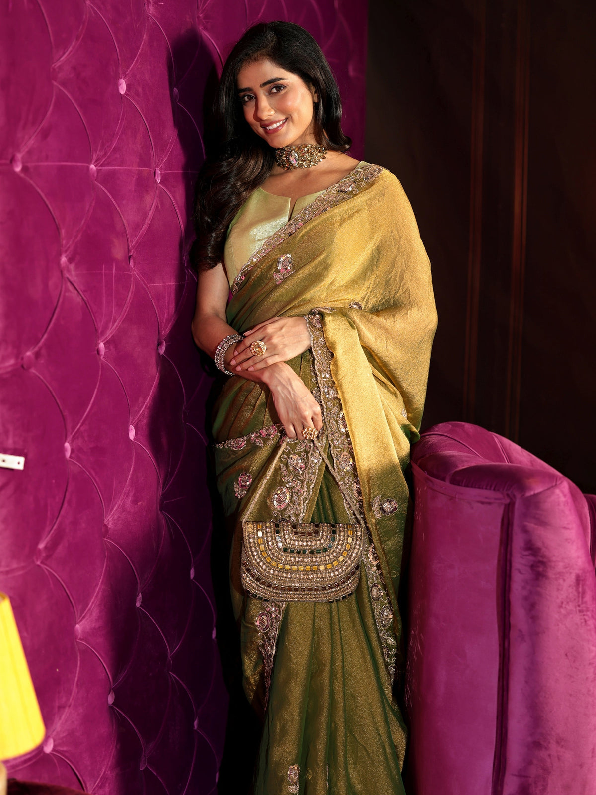 Anouk Art Henna Green Floral Embellished Tissue Saree