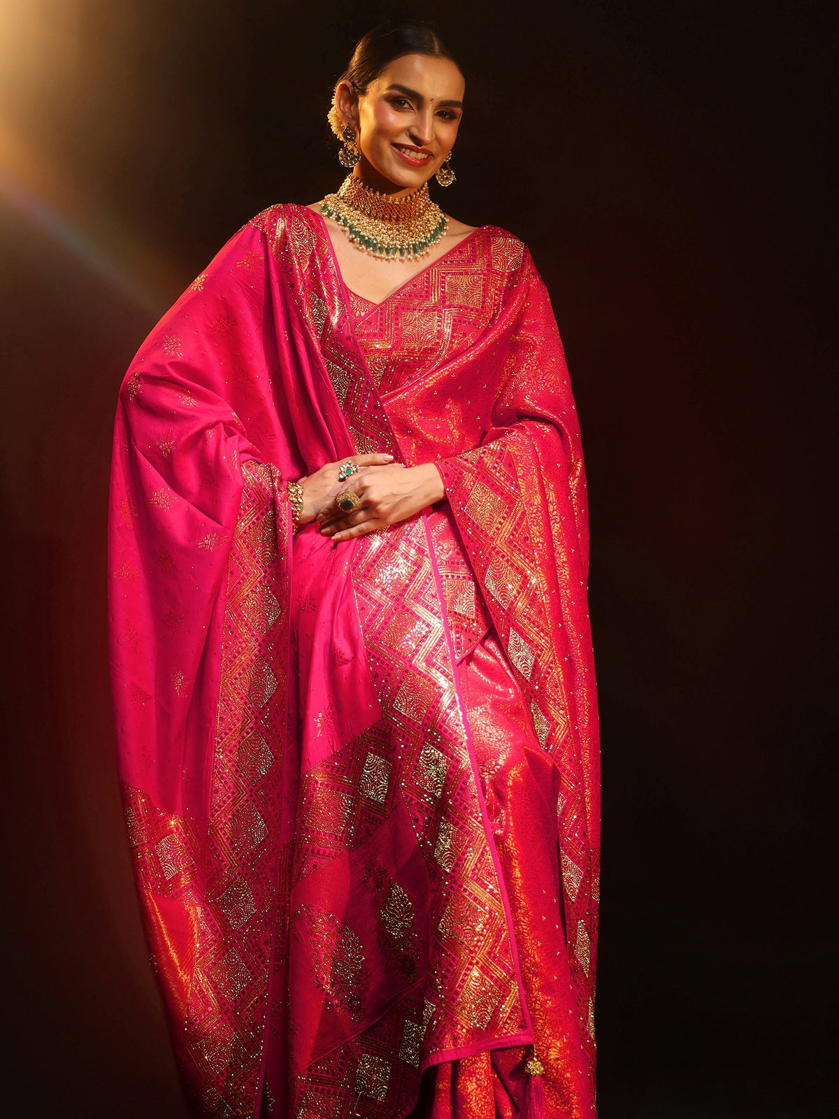 Anouk Art Hot Pink Embellished Banarasi Silk Blend Saree with Dupatta
