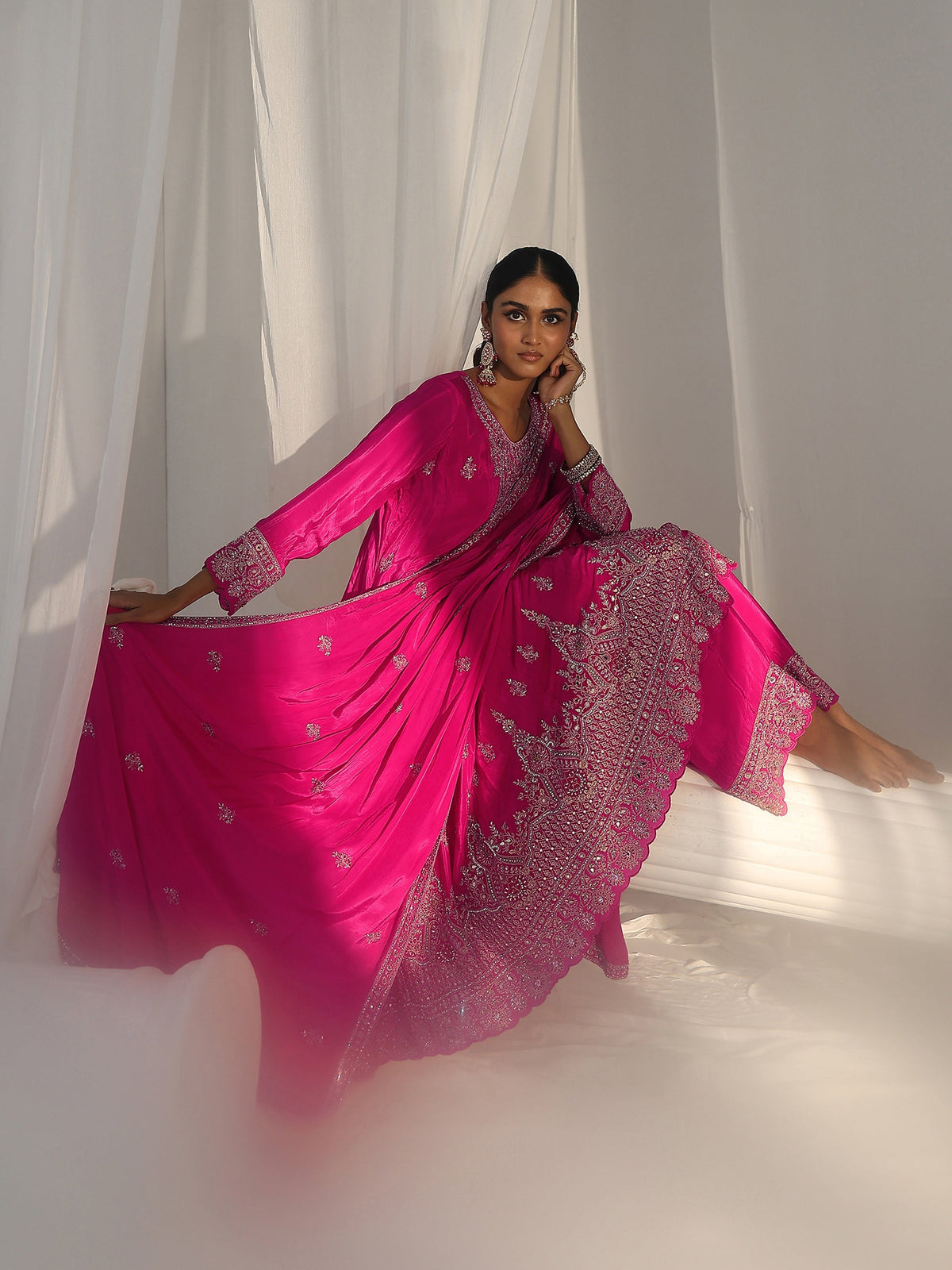 Anouk Art Hot Pink Embellished Crepe A Line Suit Set
