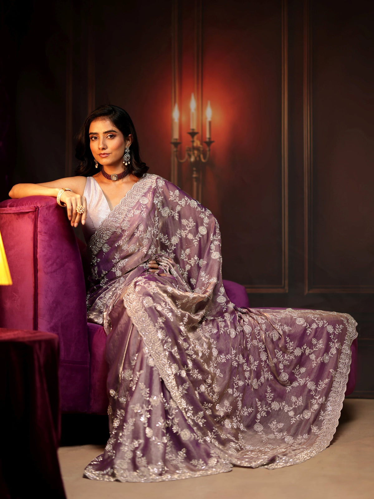 Anouk Art Lavender Floral Embellished Tissue Saree