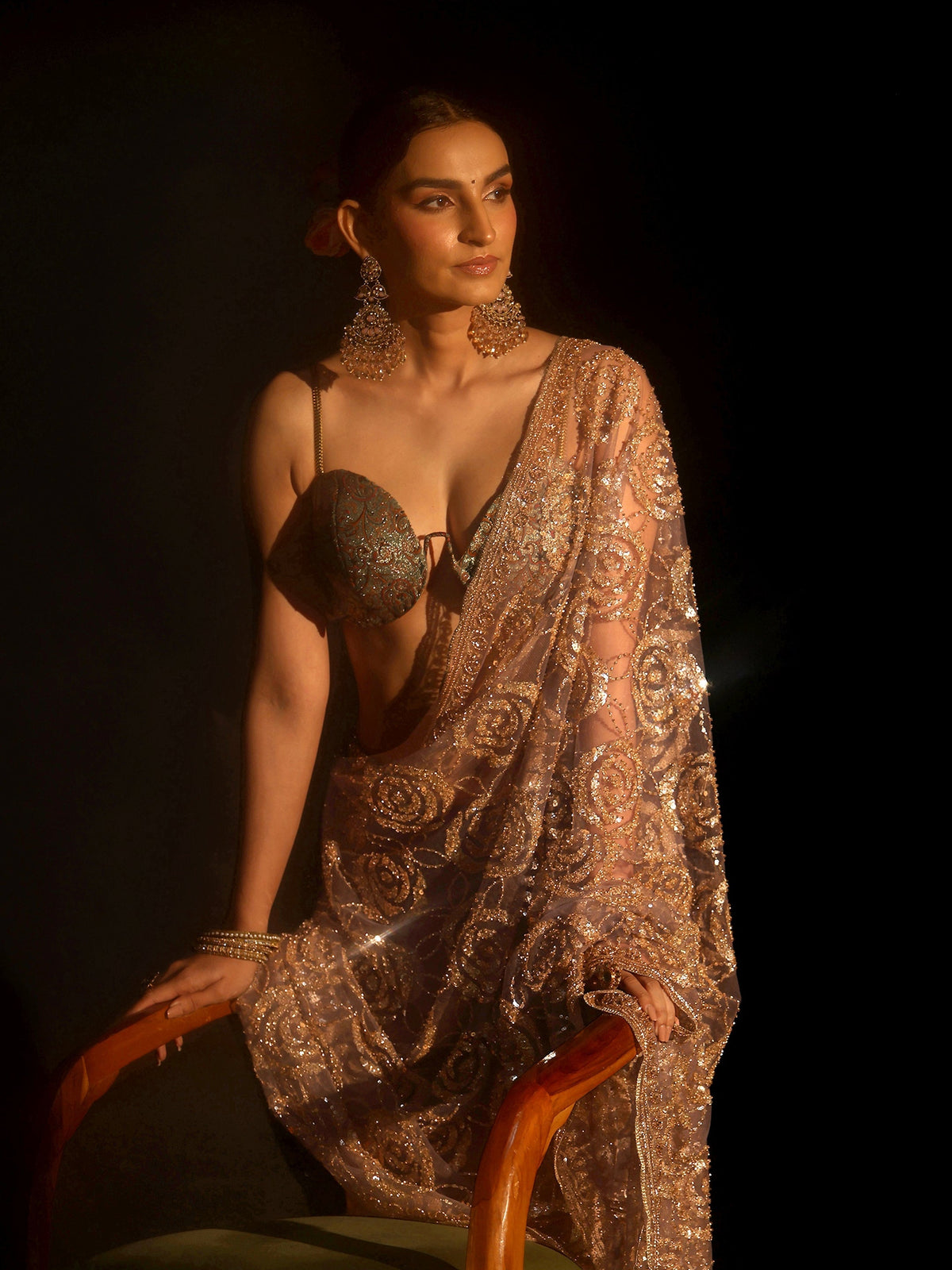 Anouk Art Lavender Sequinned Rosette Design Net Saree