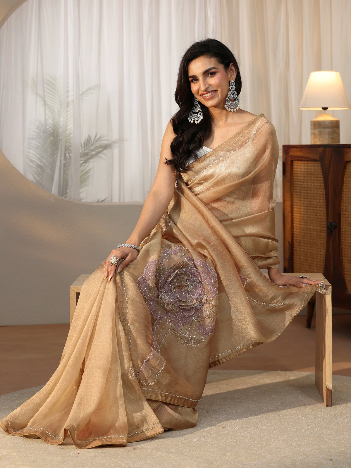 Anouk Art Anouk Art Gold Sequined Floral Applique Tissue Saree