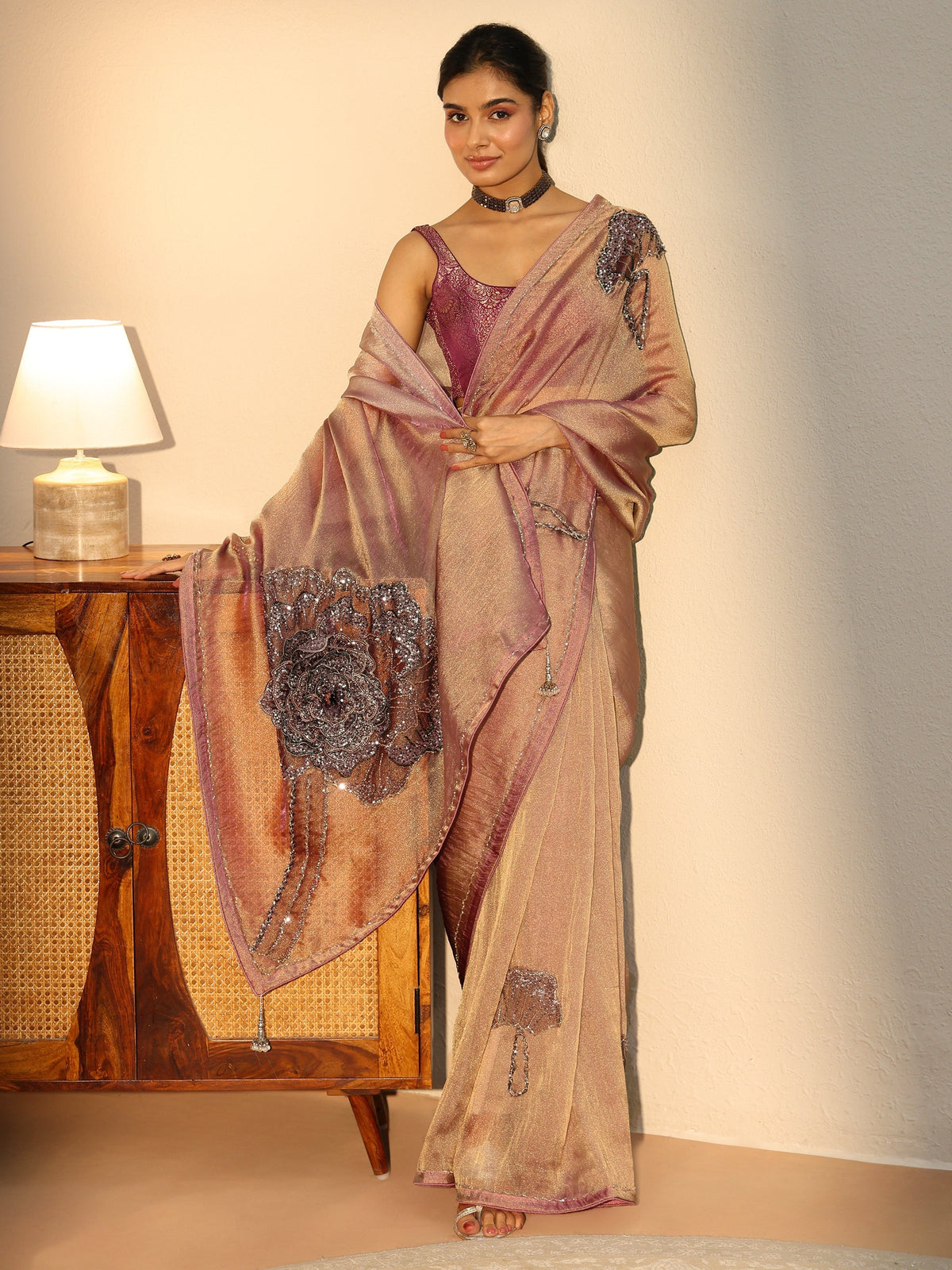 Anouk Art Anouk Art Mauve Sequined Floral Applique Tissue Saree