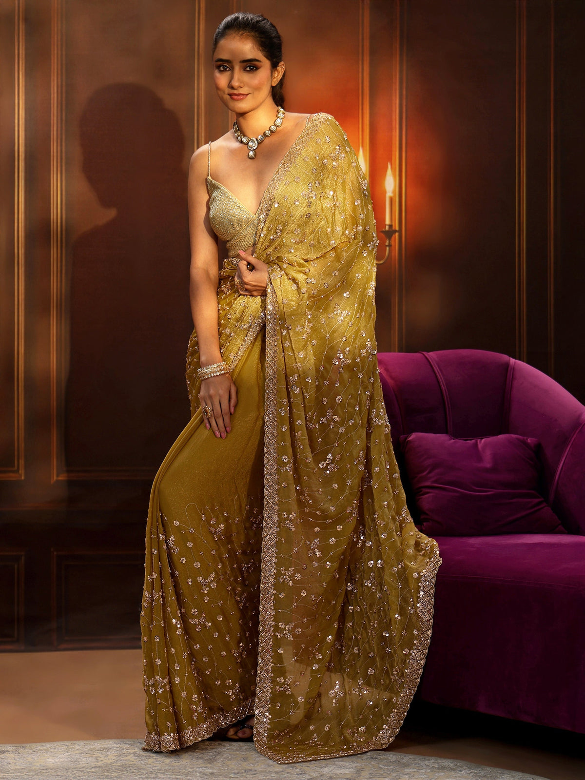 Anouk Art Light Henna Green Embellished Tissue Saree