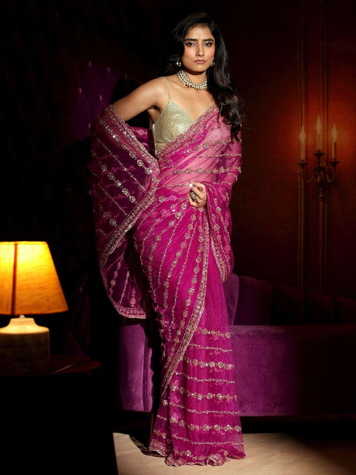 Anouk Art Magenta Pink Embellished Net Saree