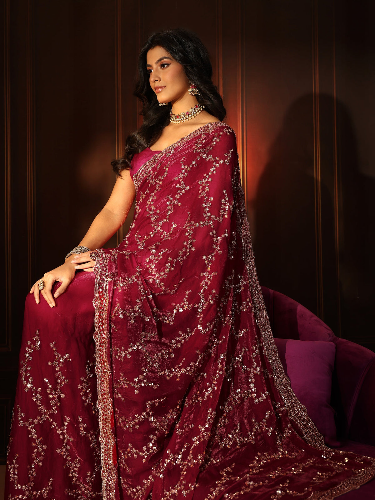 Anouk Art Magenta Pink Embellished Tissue Saree