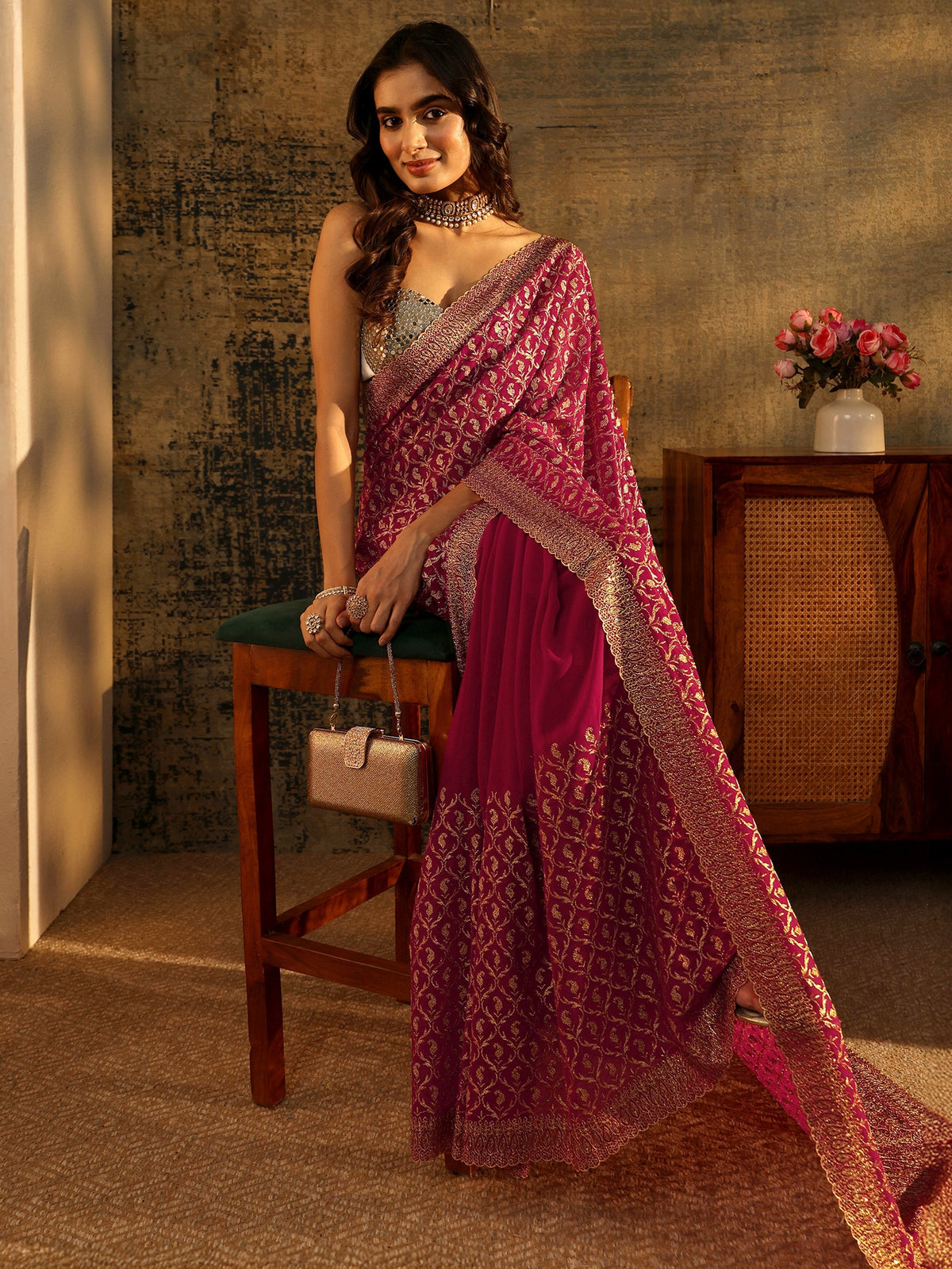 Anouk Art Magenta Pink Embroidered Georgette Saree