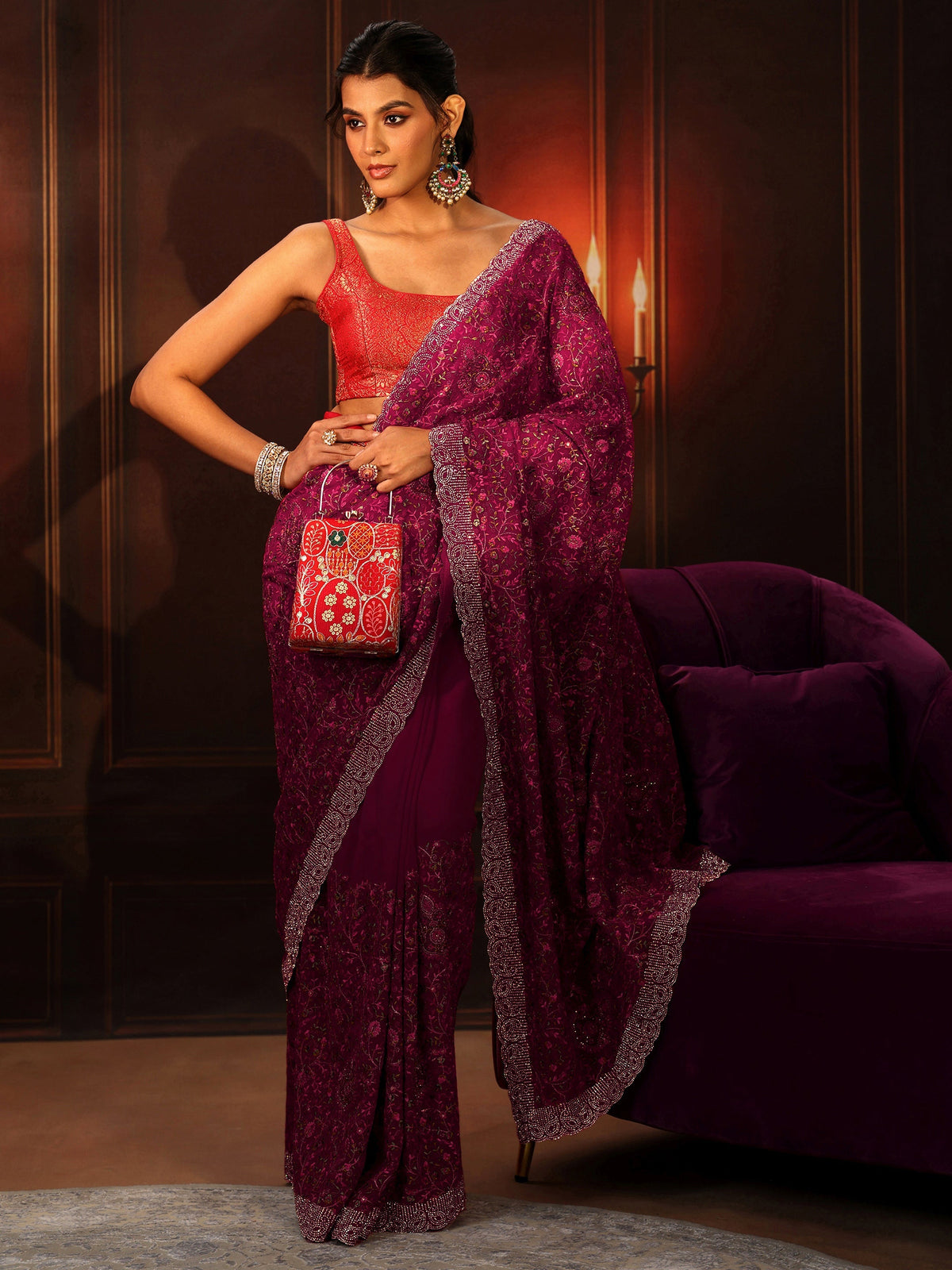 Anouk Art Magenta Pink Floral Embroidered Georgette Saree