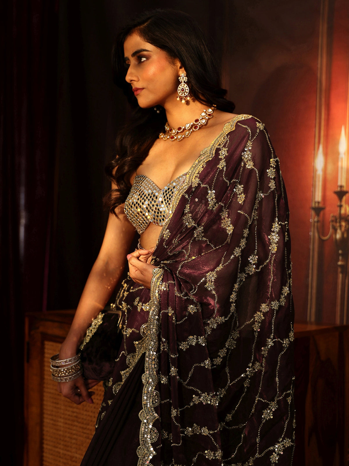 Anouk Art Maroon Embellished Tissue Saree