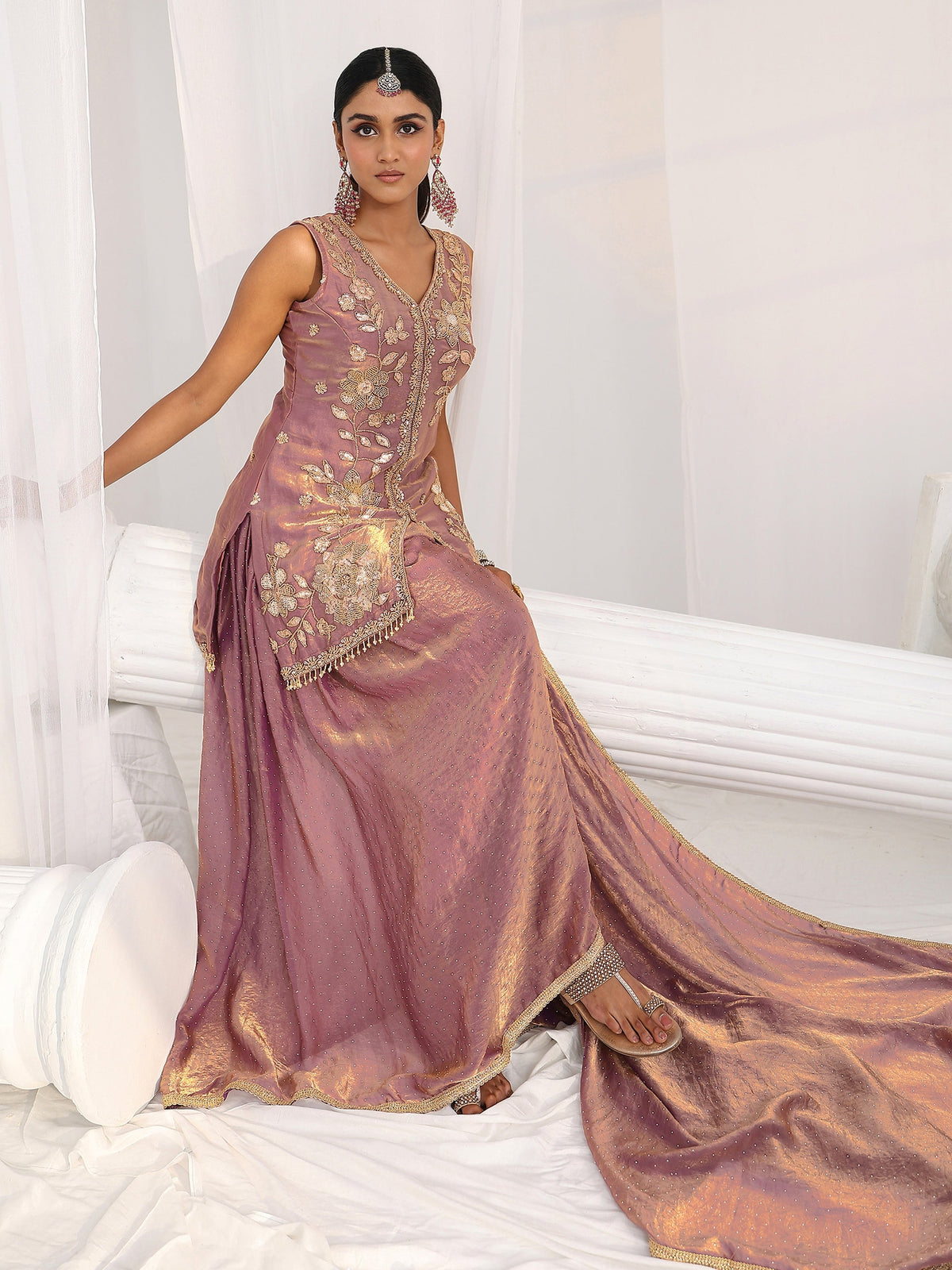 Anouk Art Mauve Embellished Sleeveless Silk Blend Palazzo Suit Set