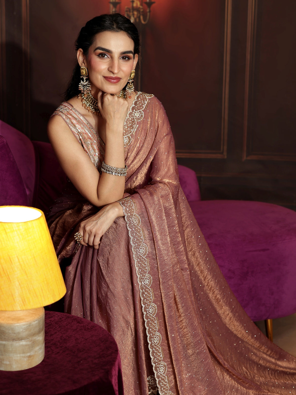 Anouk Art Mauve Embellished Tissue Saree