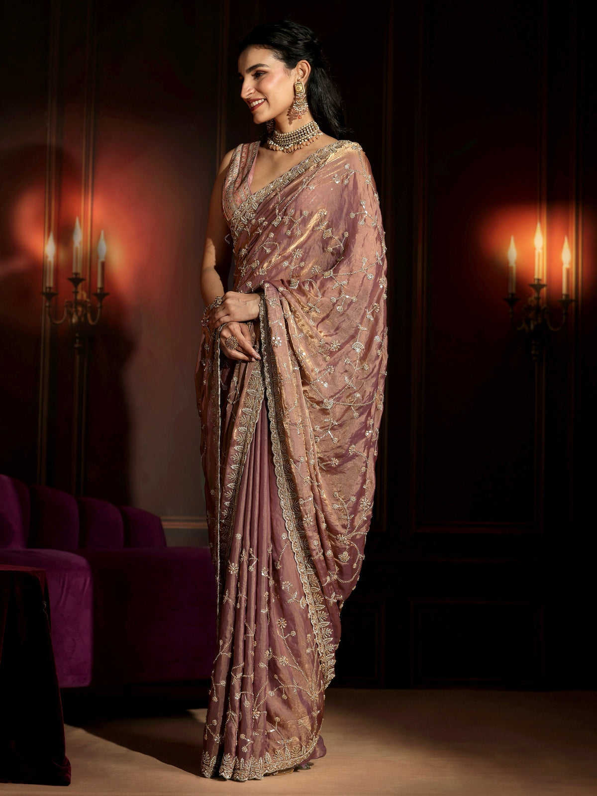 Anouk Art Mauve Floral Embellished Tissue Saree