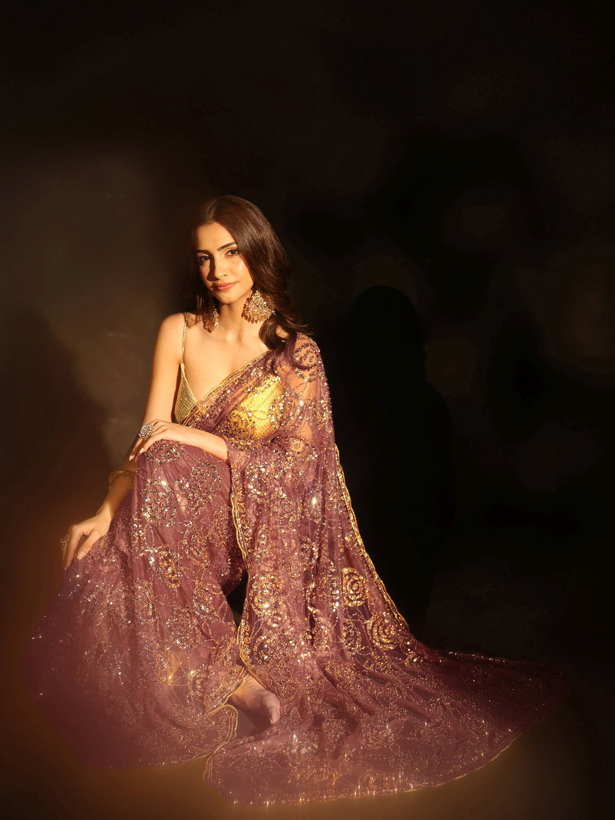 Anouk Art Mauve Sequinned Rosette Design Net Saree