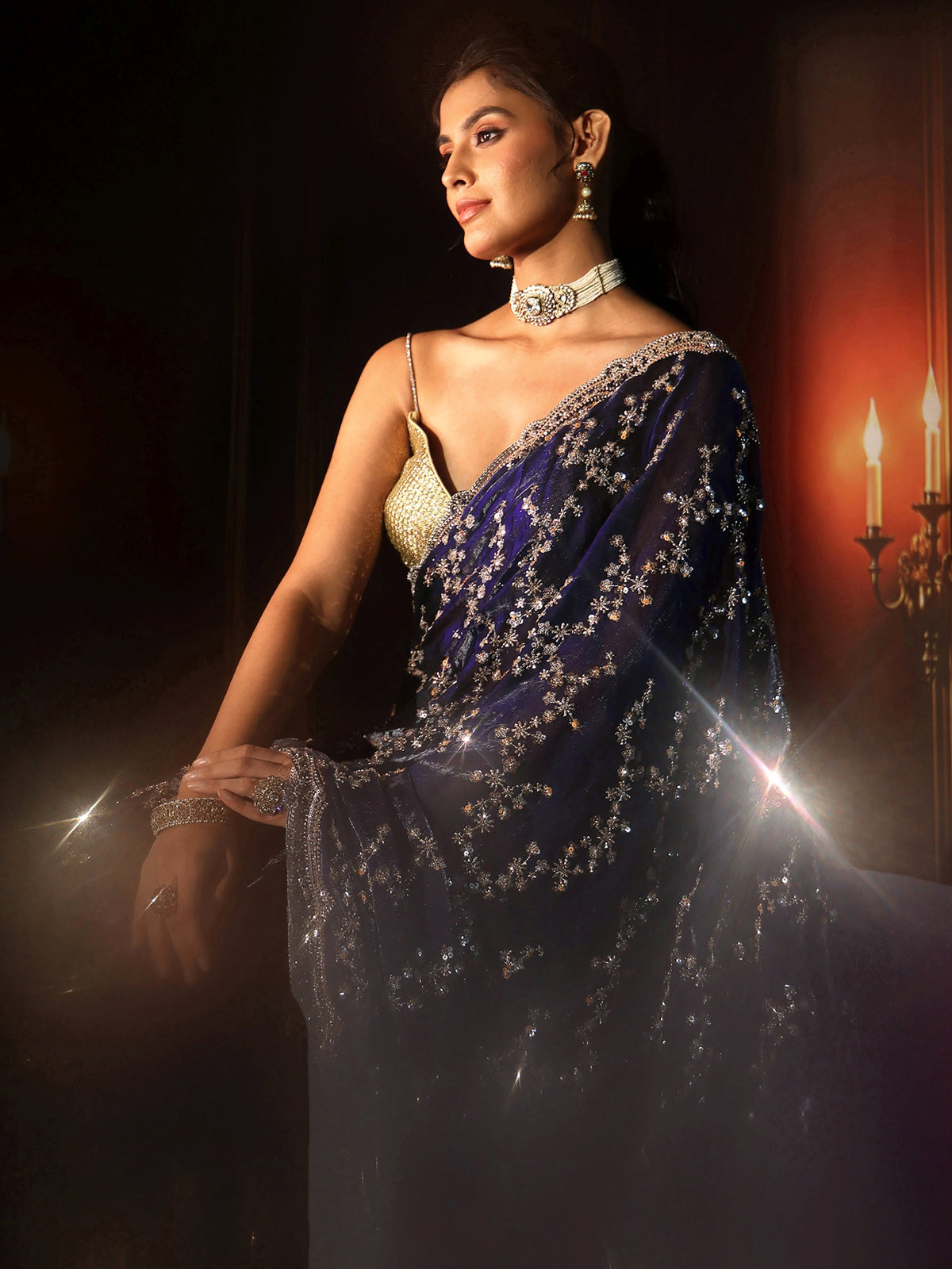 Anouk Art Midnight Blue Embellished Tissue Saree