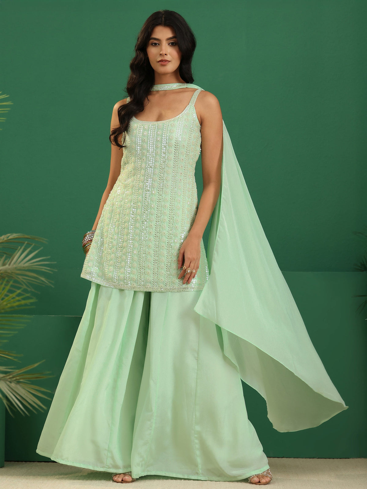 Anouk Art Mint Green Sequin Embellished Strappy Chinon Palazzo Suit Set