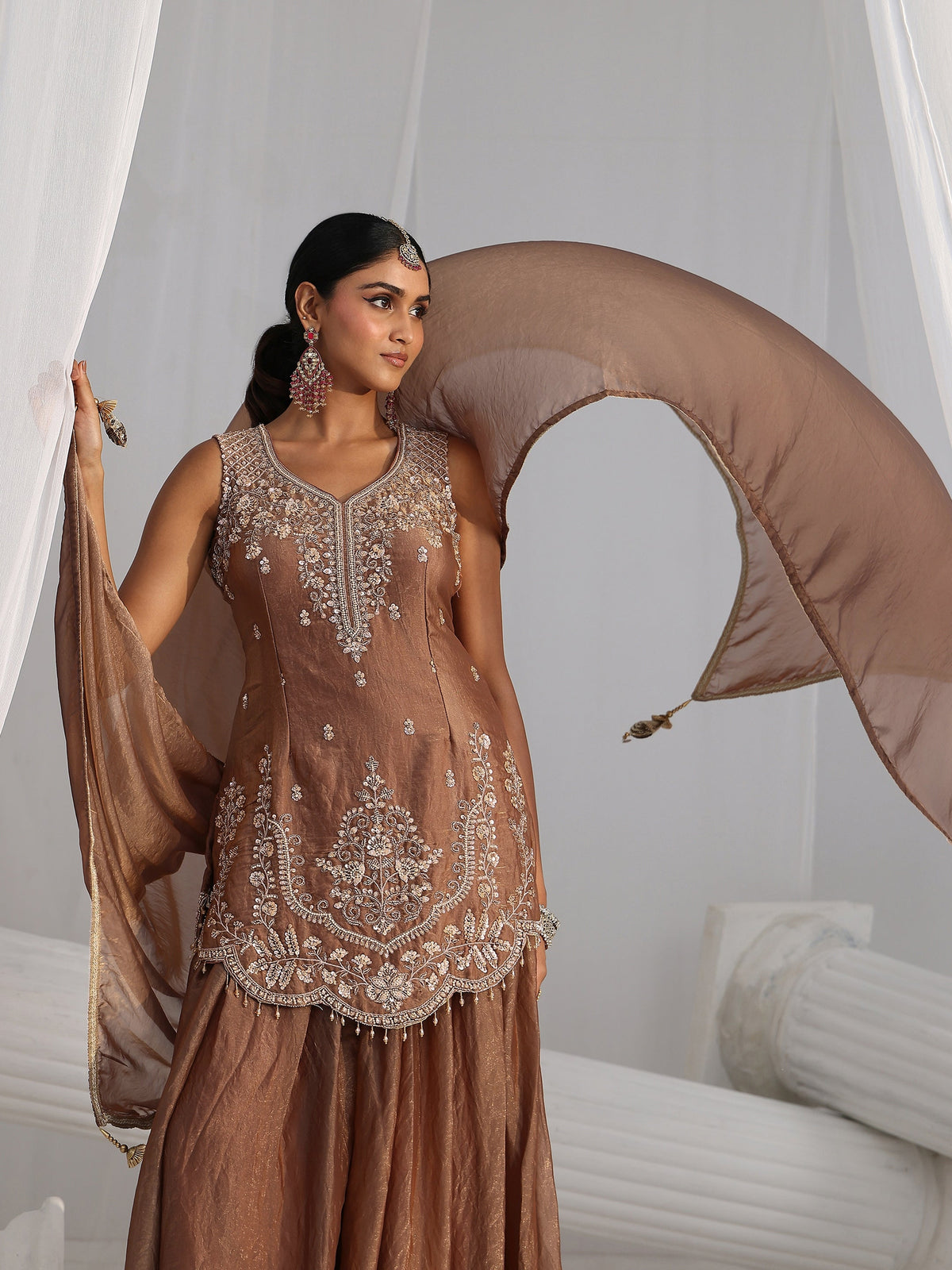 Anouk Art Mocha Brown Floral Embellished Silk Blend Palazzo Suit Set