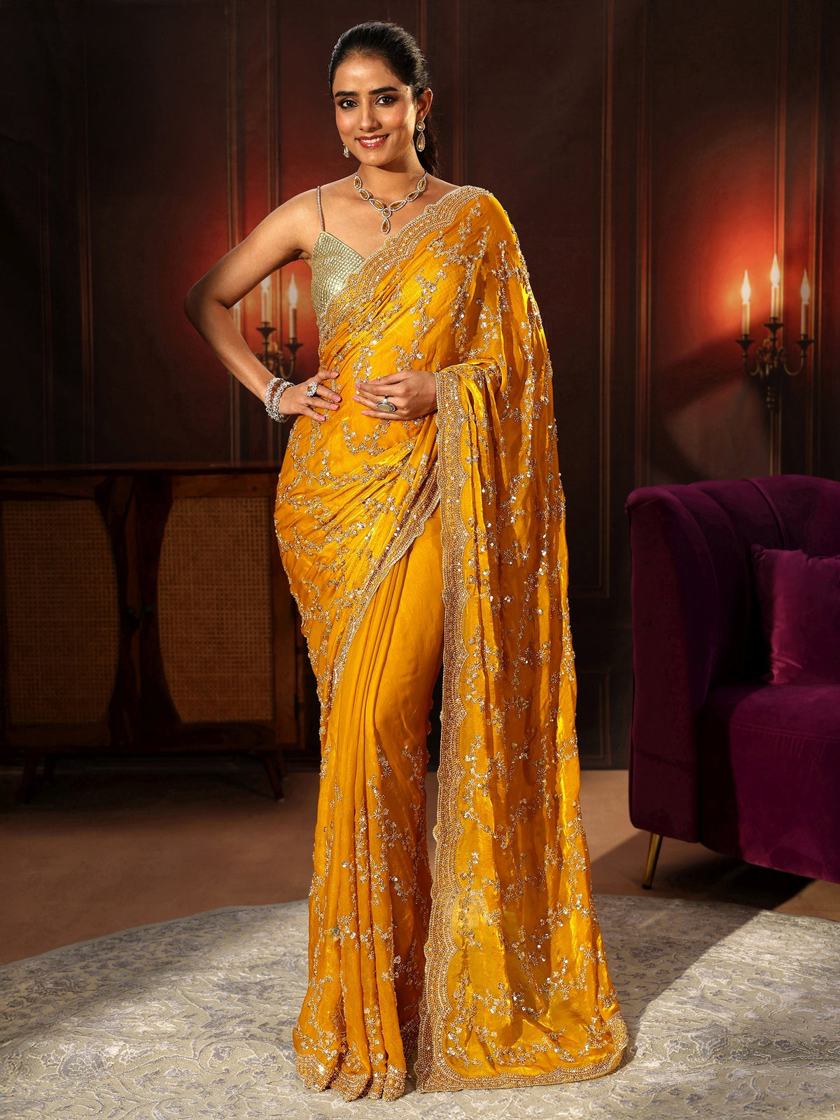 Anouk Art Mustard Embellished Tissue Saree
