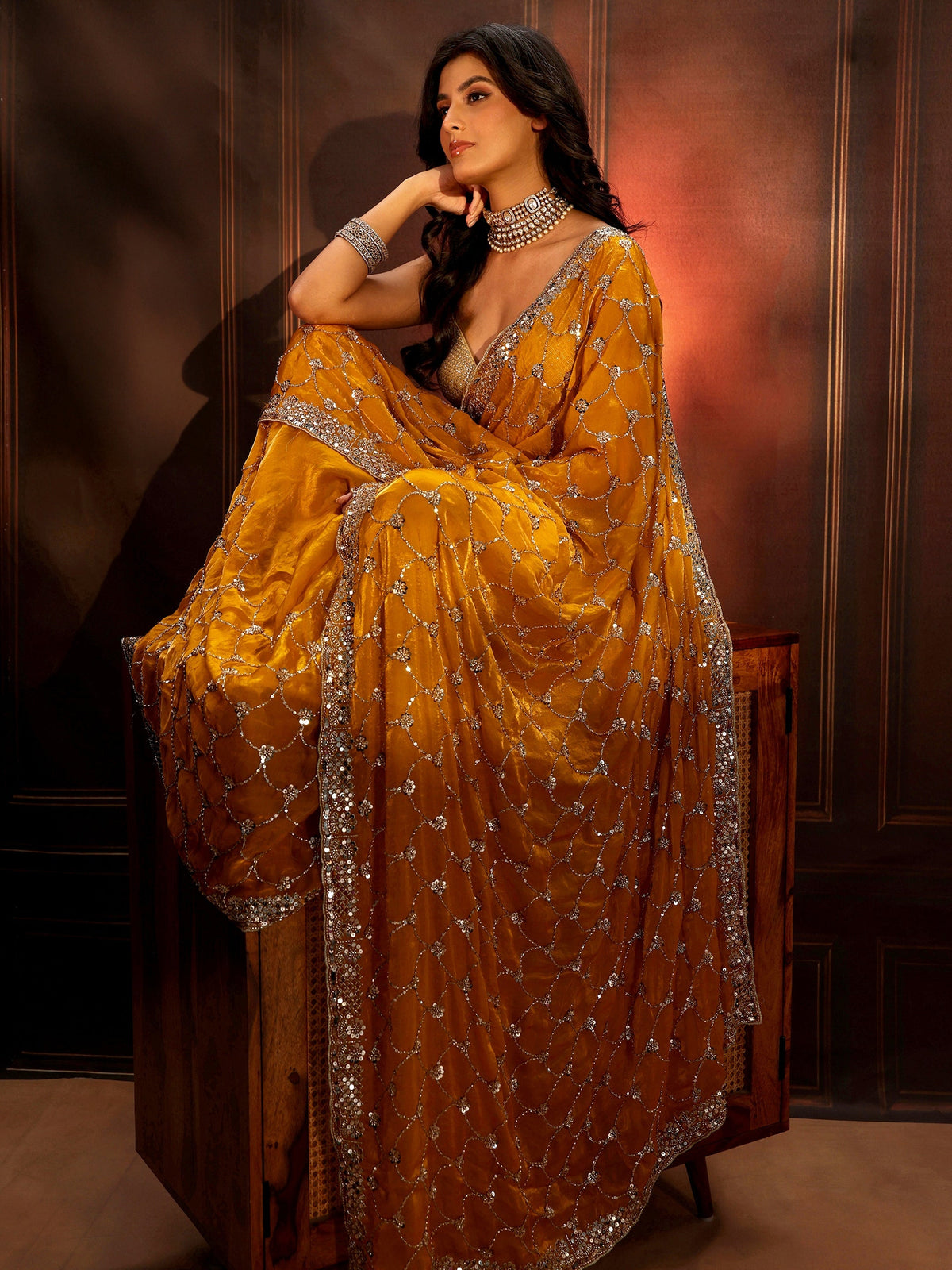 Anouk Art Mustard Embellished Tissue Saree