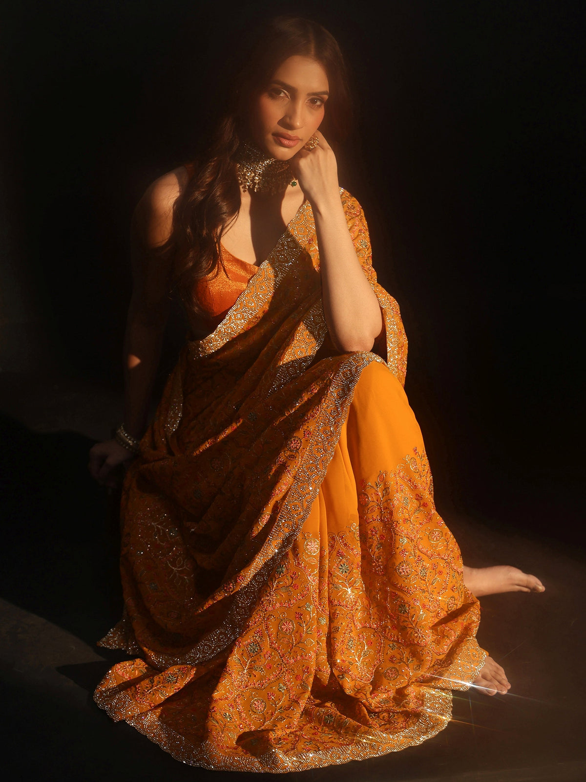 Anouk Art Mustard Floral Embellished Georgette Saree