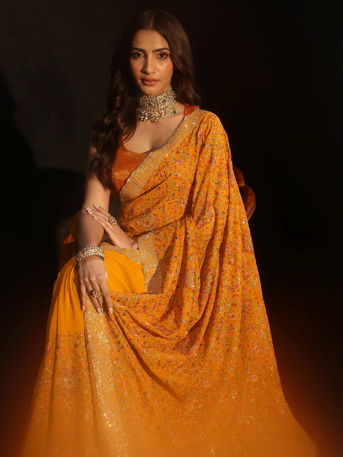 Anouk Art Mustard Floral Embellished Georgette Saree