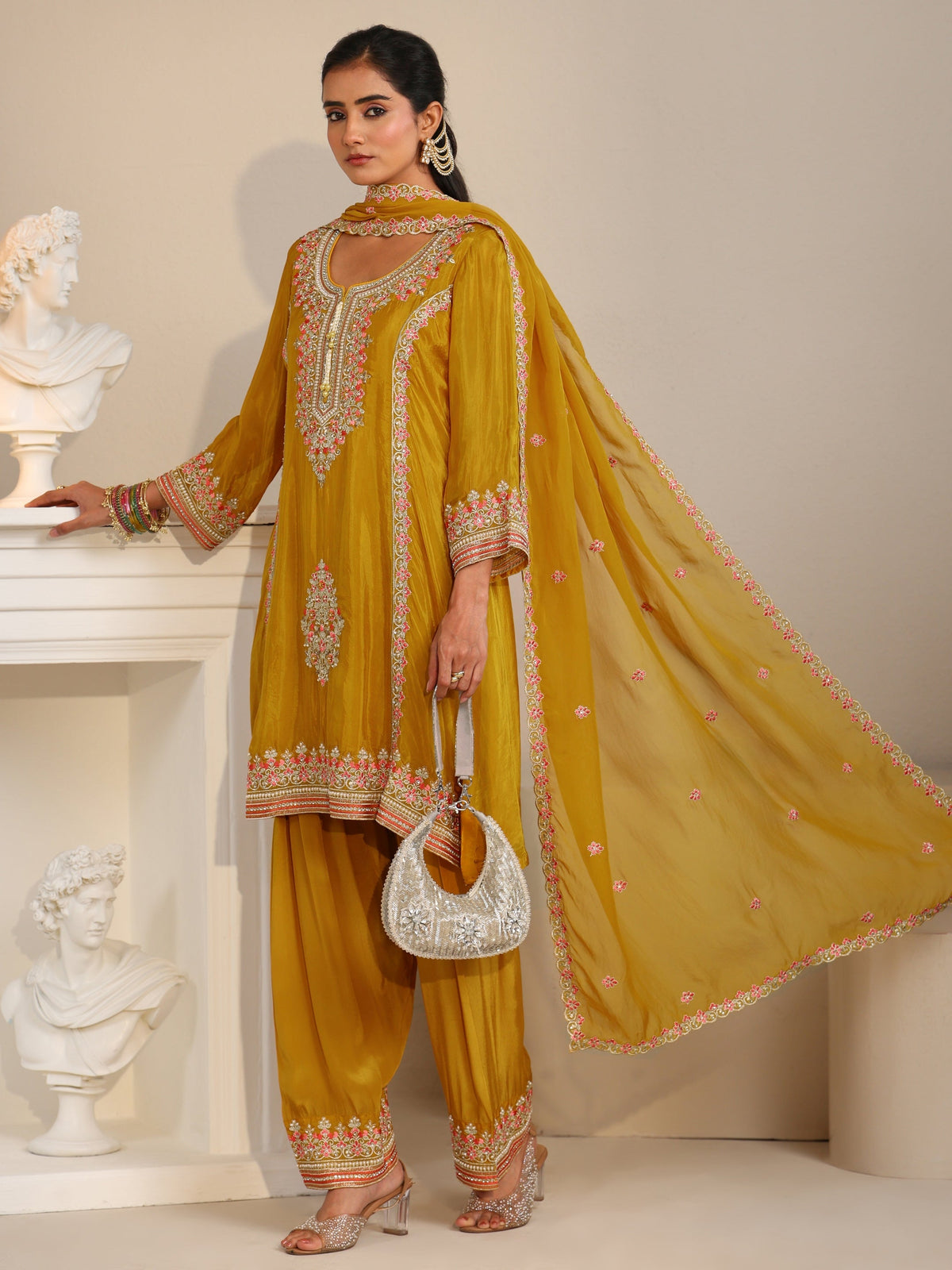Anouk Art Mustard Floral Embellished Organza Straight Suit Set