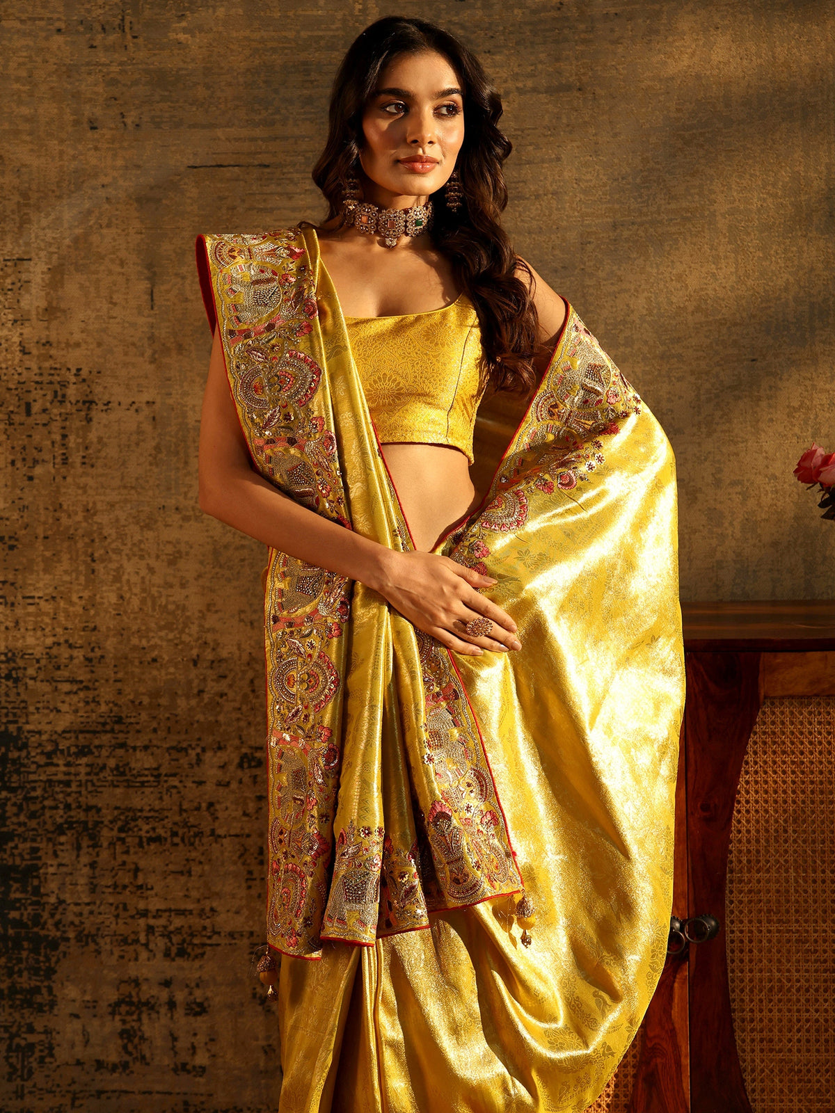 Anouk Art Mustard Floral Woven Saree with Embellished Saree