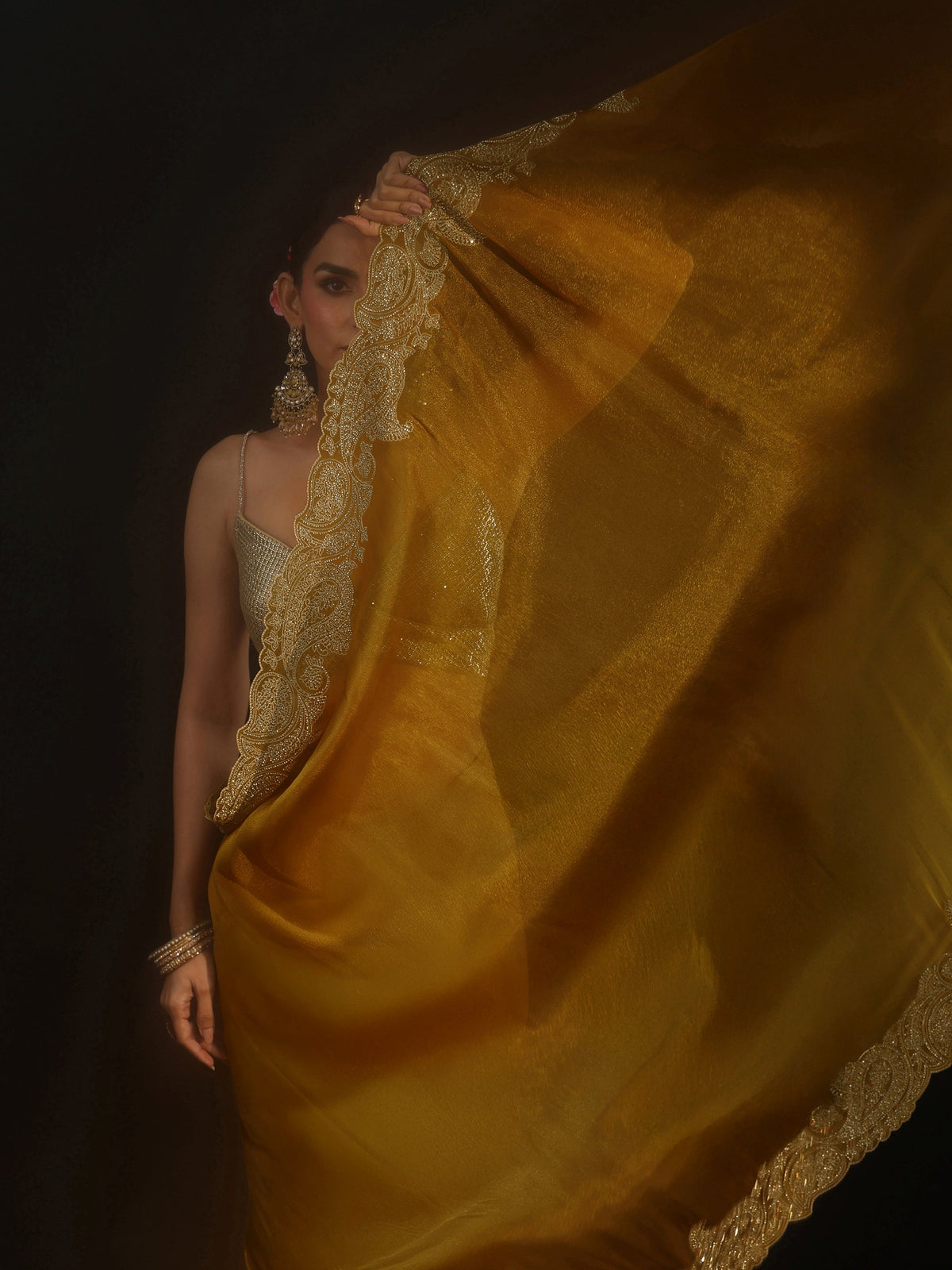 Anouk Art Mustard Net Saree with Paisley Border