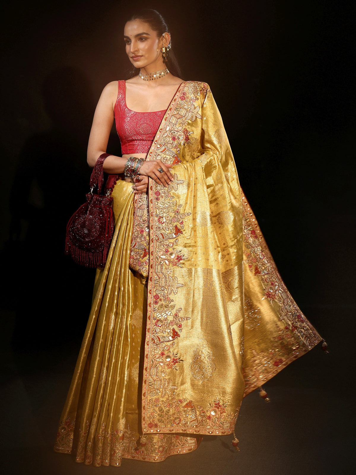 Anouk Art Mustard Woven Design Silk Blend Saree with Embroidered Border