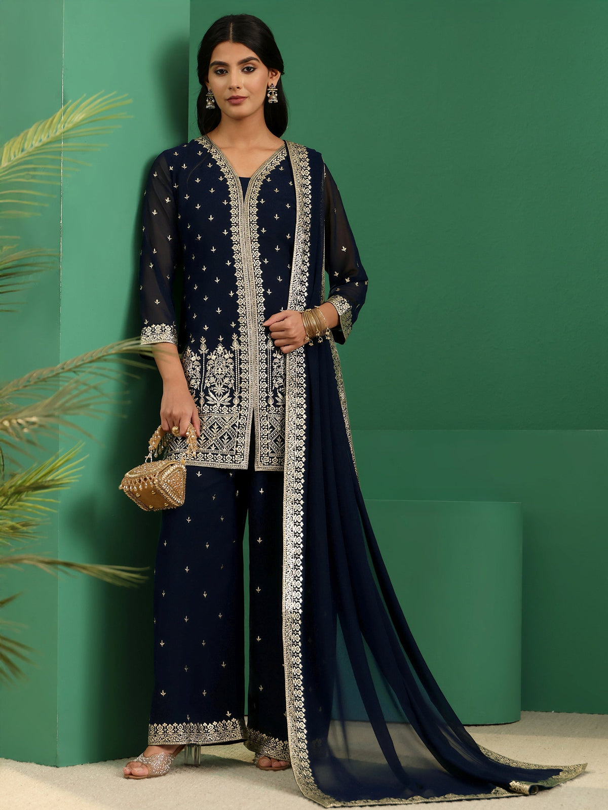 Anouk Art Navy Blue Embellished Georgette Palazzo Suit Set