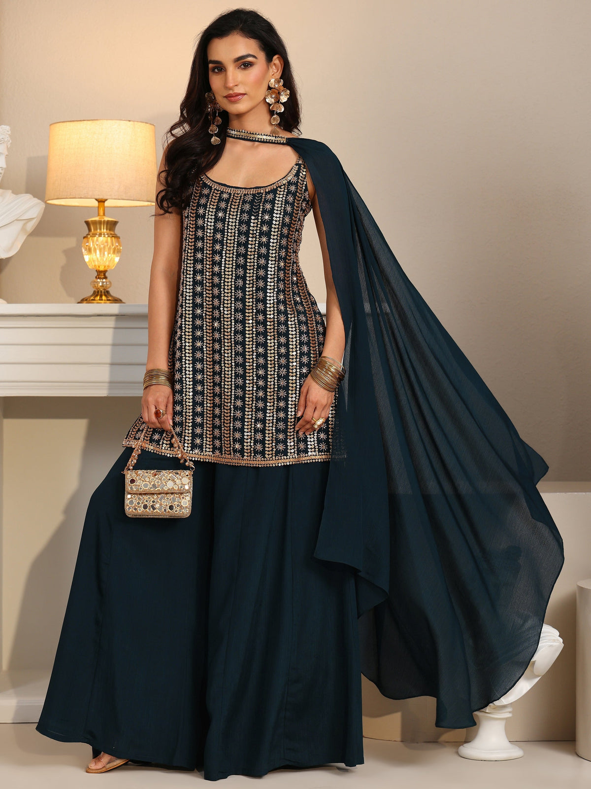 Anouk Art Navy Blue Embellished Strappy Chinon Palazzo Suit Set