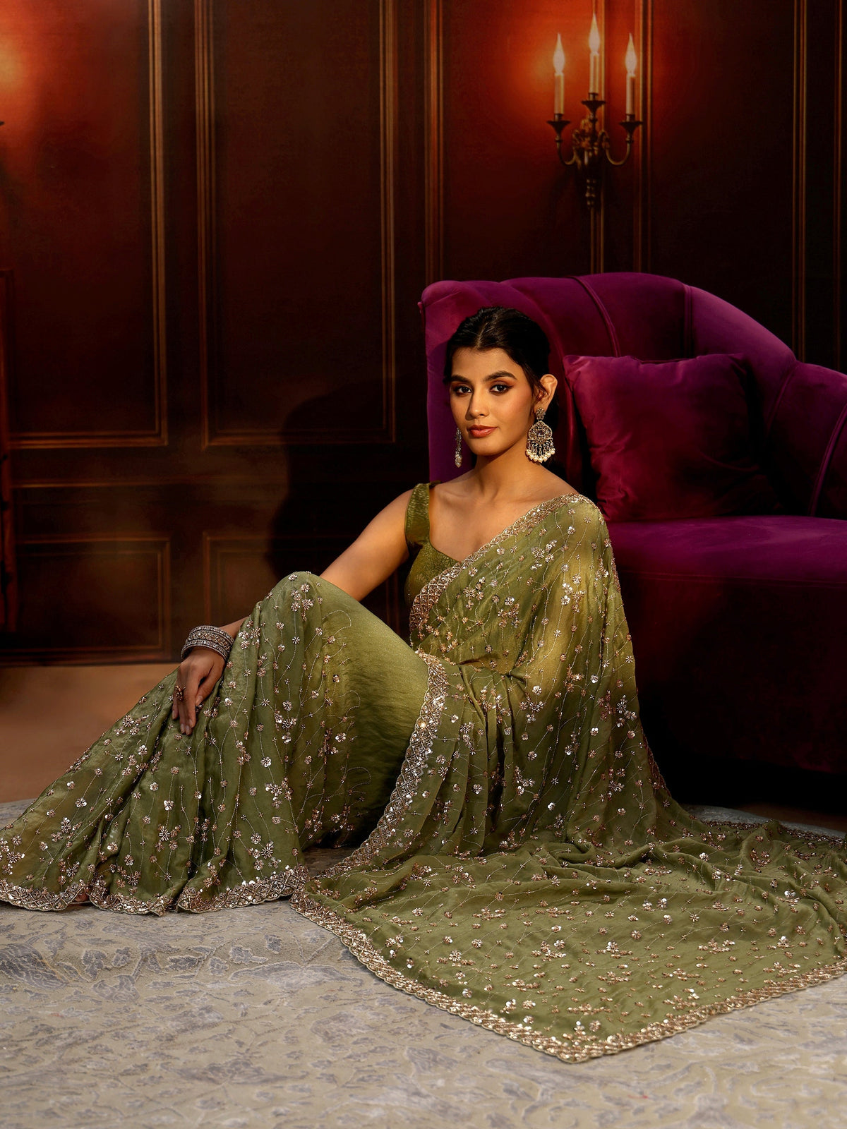 Anouk Art Olive Green Embellished Tissue Saree
