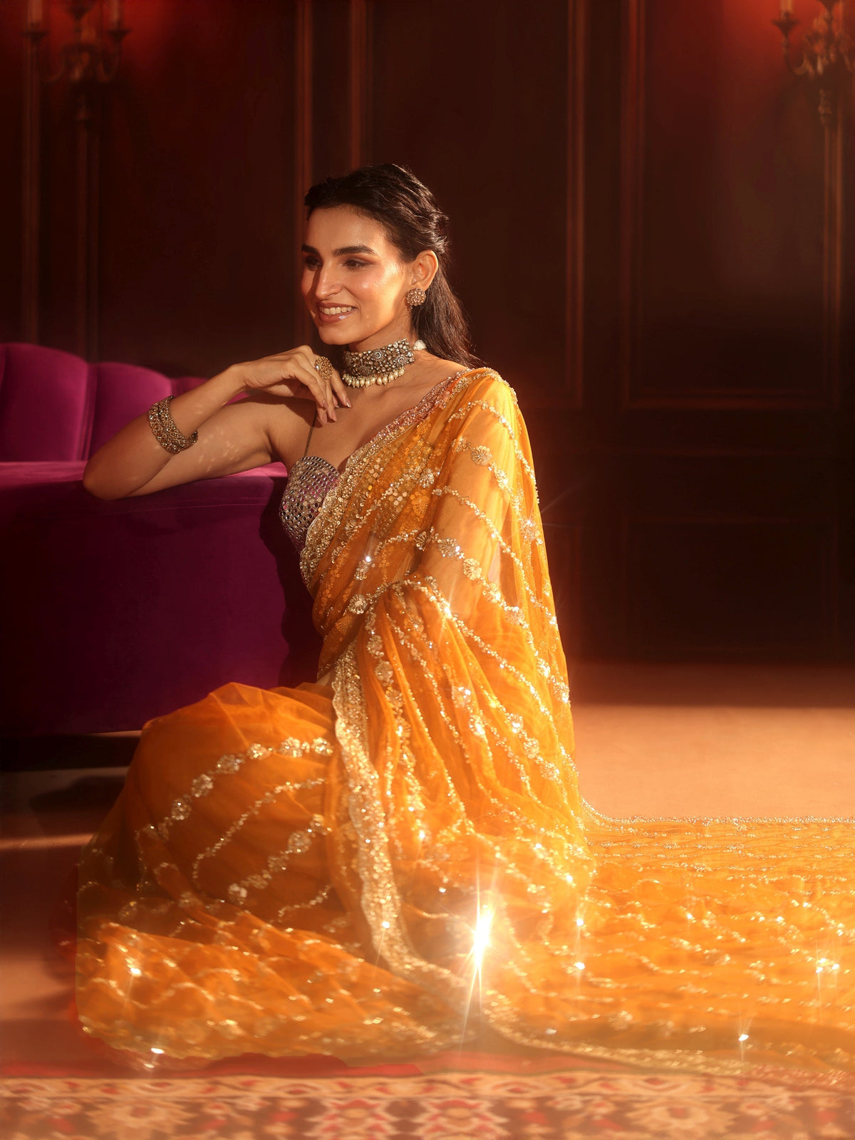 Anouk Art Orange Embellished Net Saree