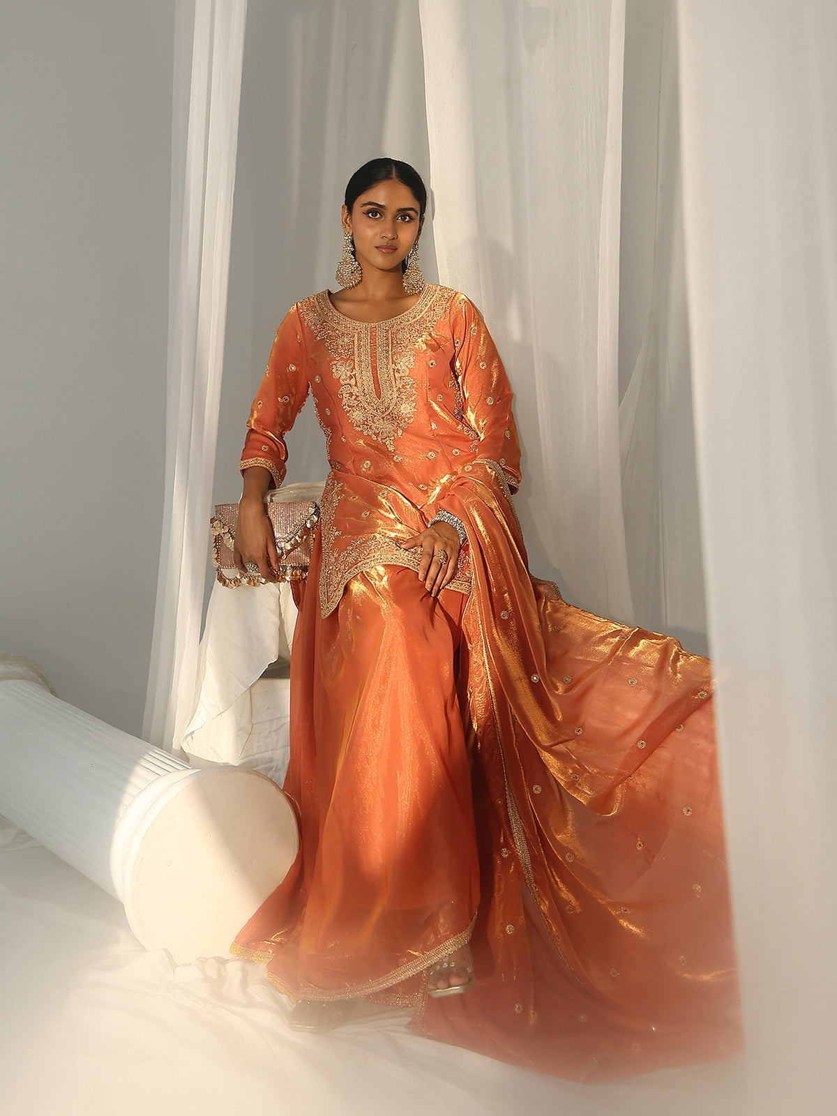 Anouk Art Orange Embellished Silk Blend Palazzo Suit Set