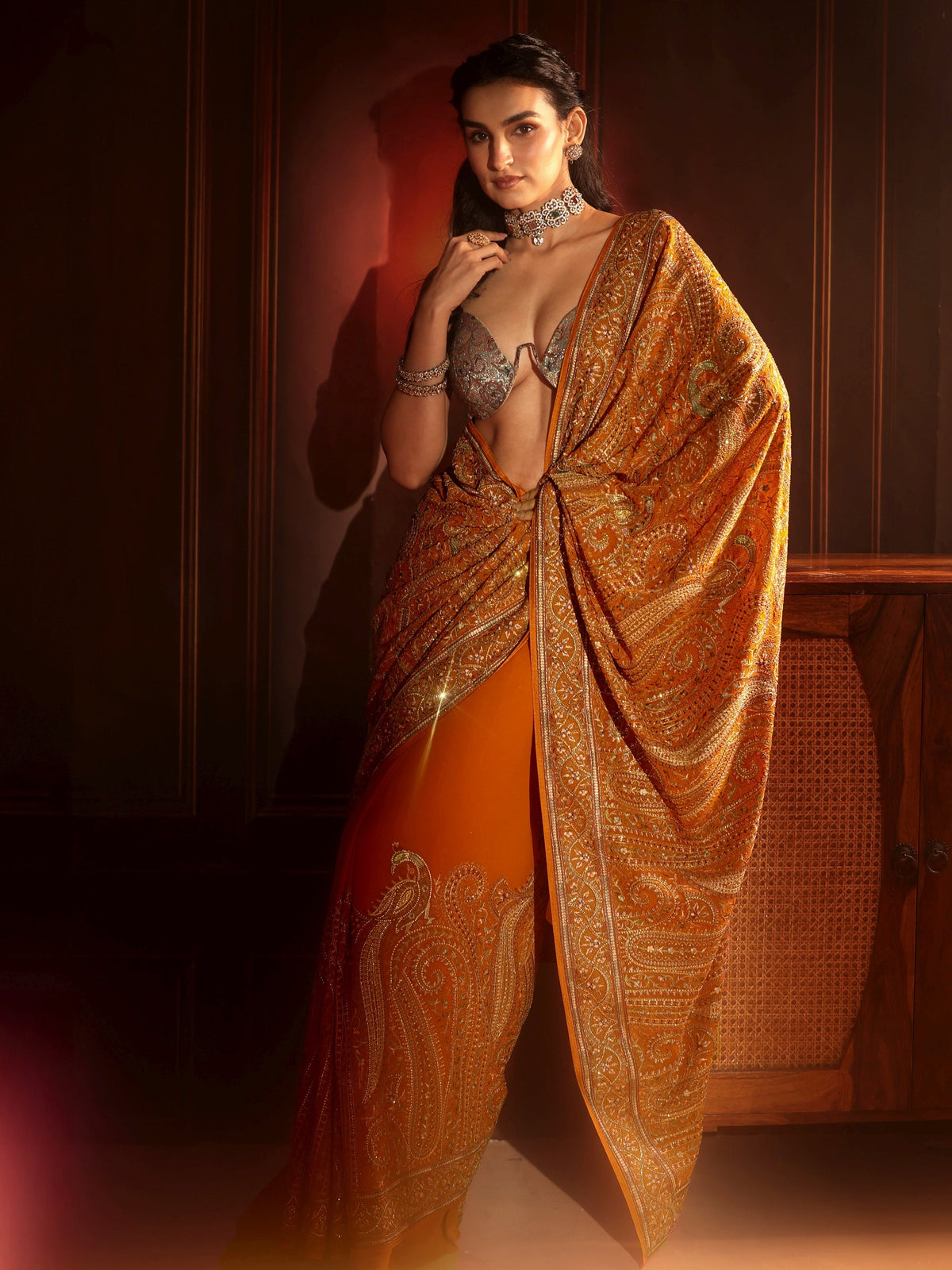 Anouk Art Orange Embroidered Georgette Saree