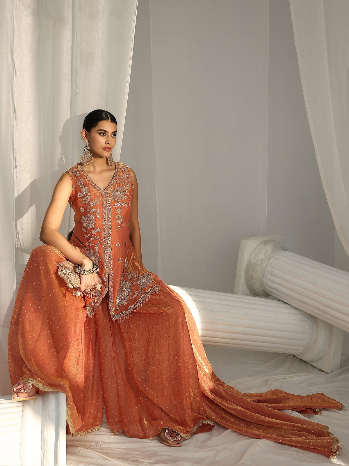 Anouk Art Orange Floral Embellished Sleeveless Silk Blend Palazzo Suit Set