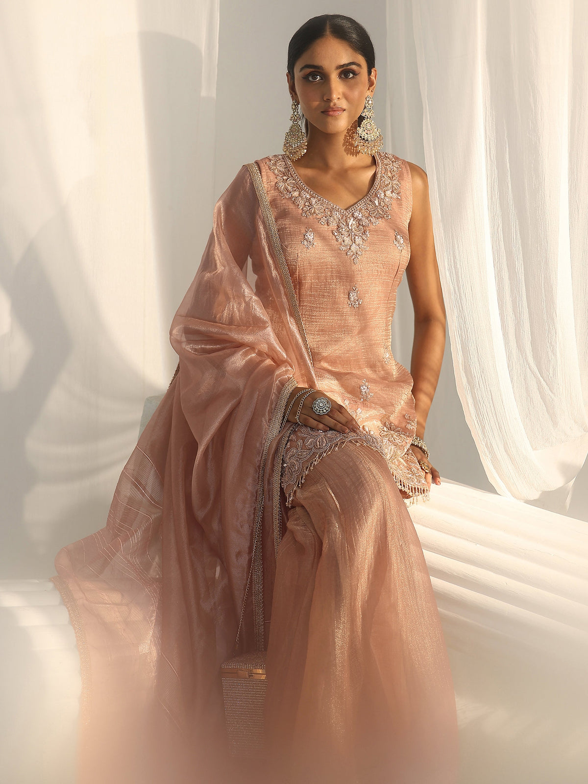 Anouk Art Peach Floral Embellished Sleeveless Tissue Sharara Suit Set