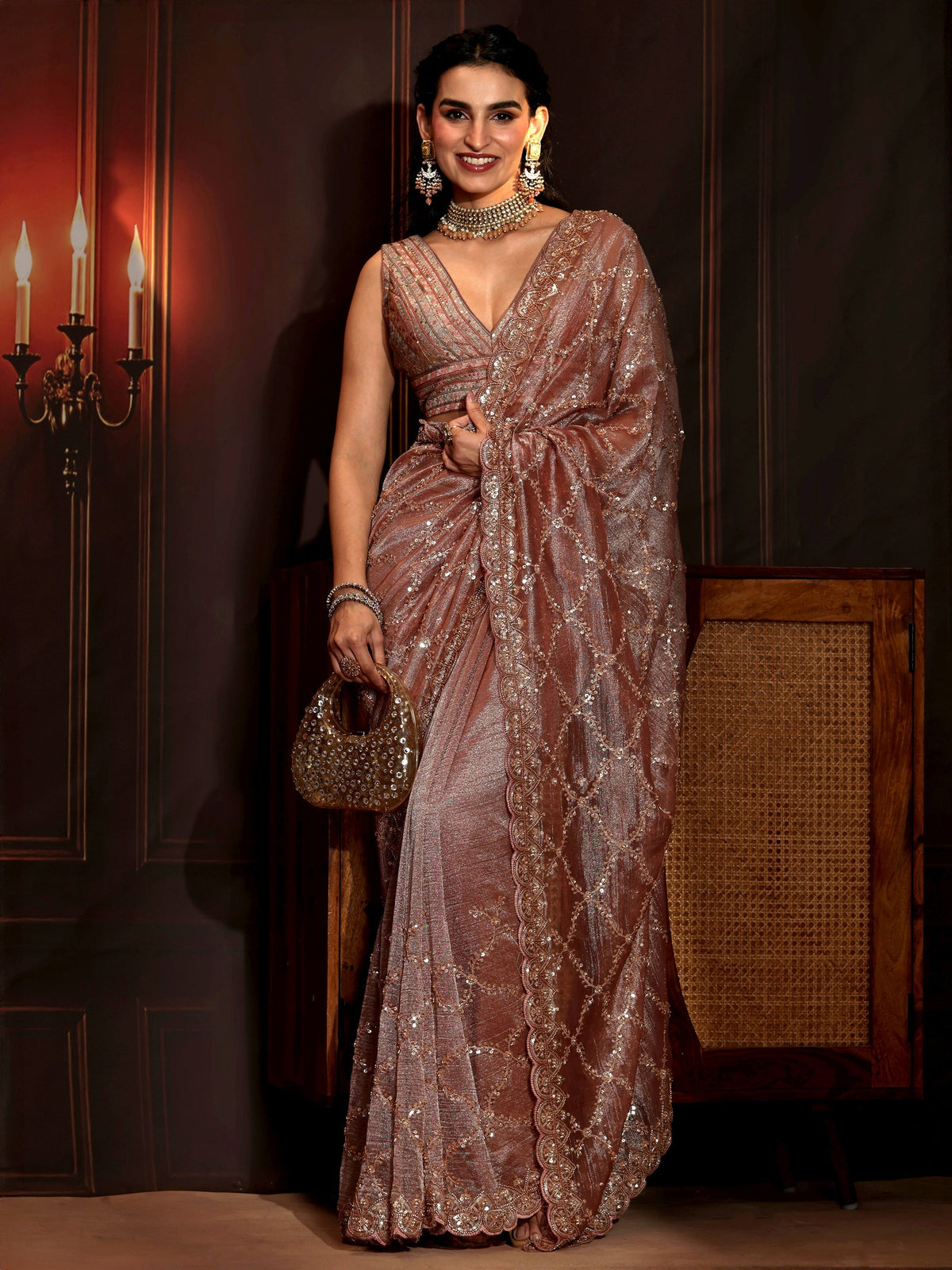 Anouk Art Peach Pink Embellished Organza Saree