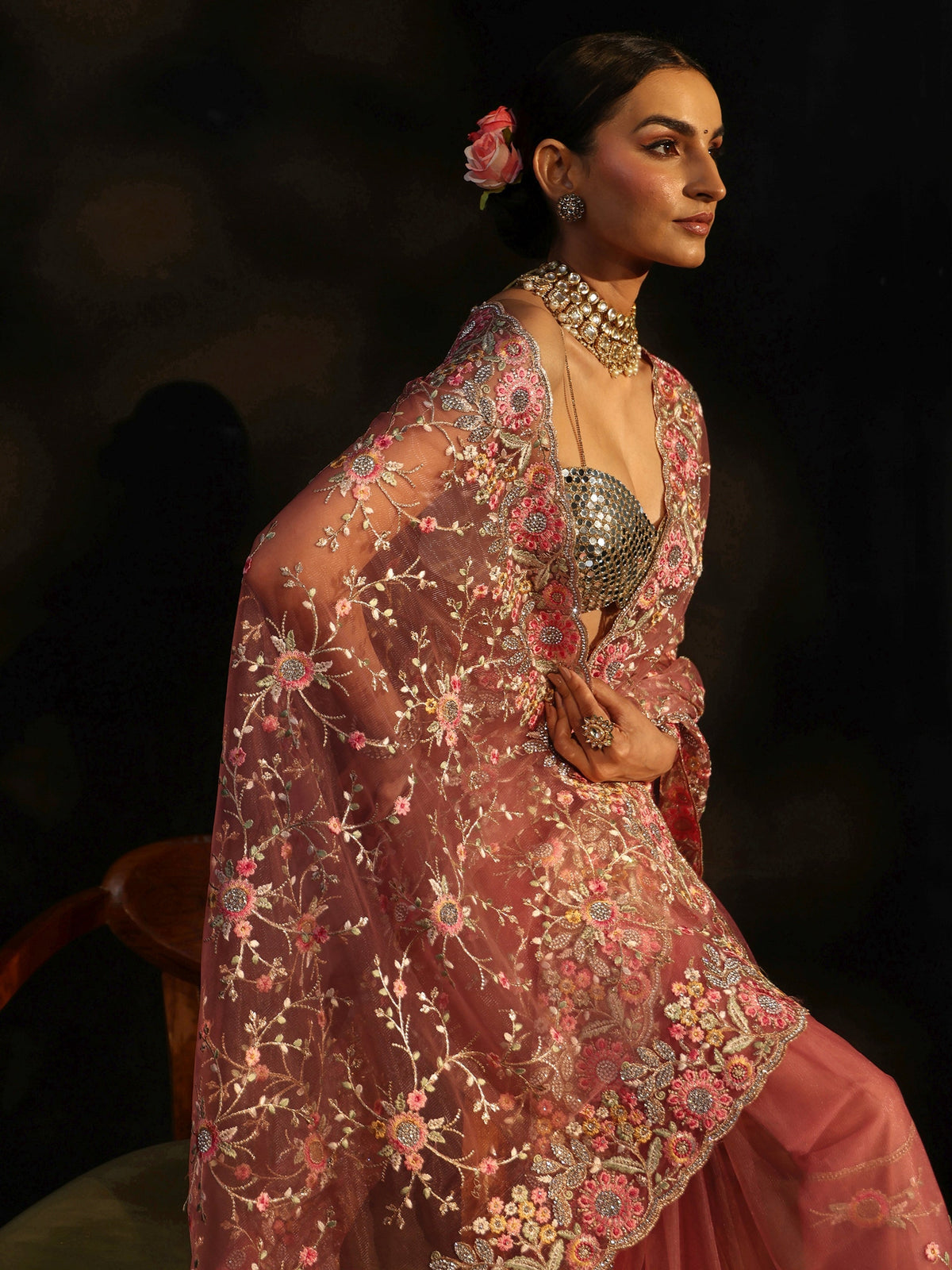 Anouk Art Peach Pink Floral Embellished Net Saree