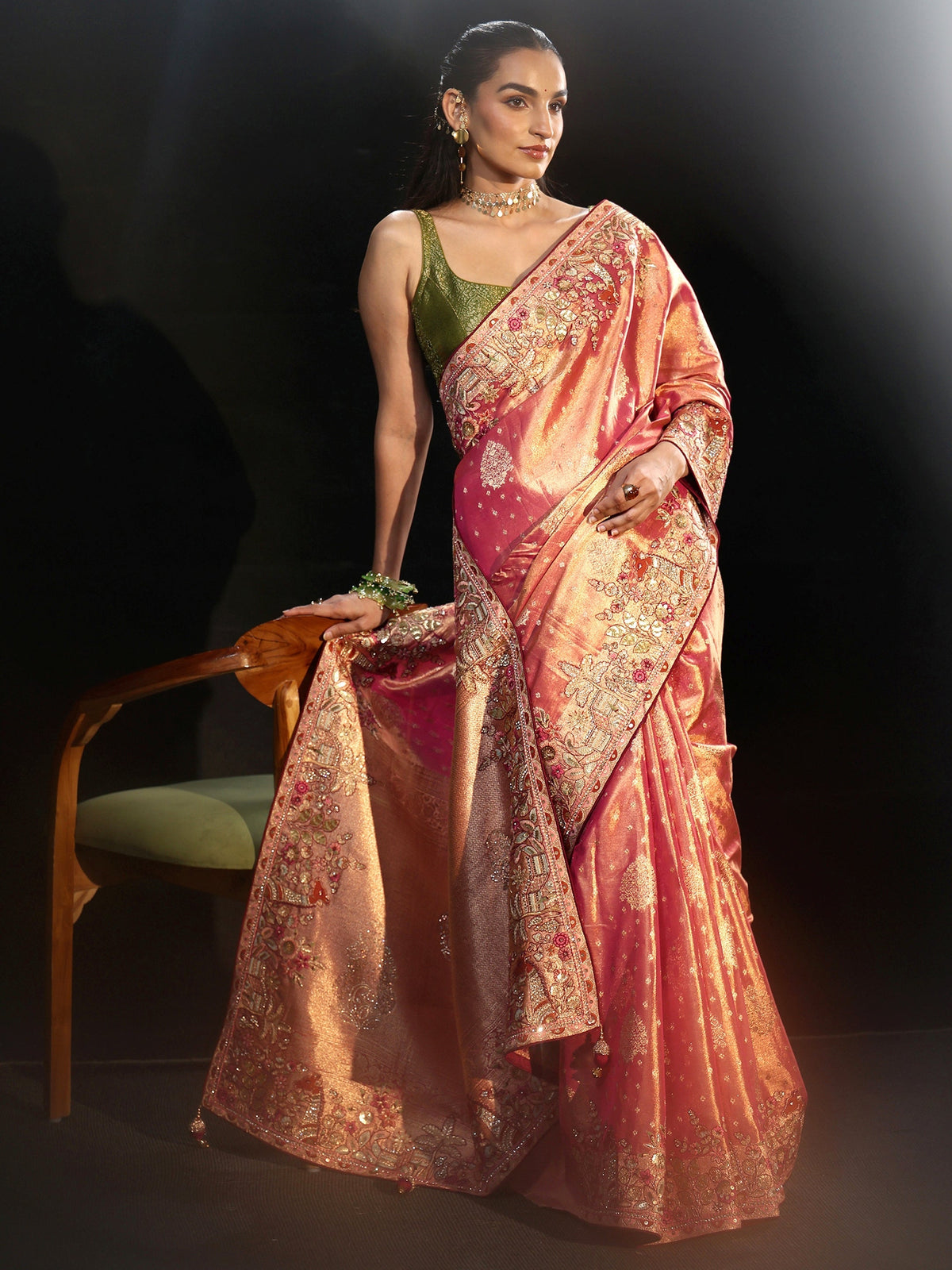 Anouk Art Peach Woven Design Silk Blend Saree with Embroidered Border